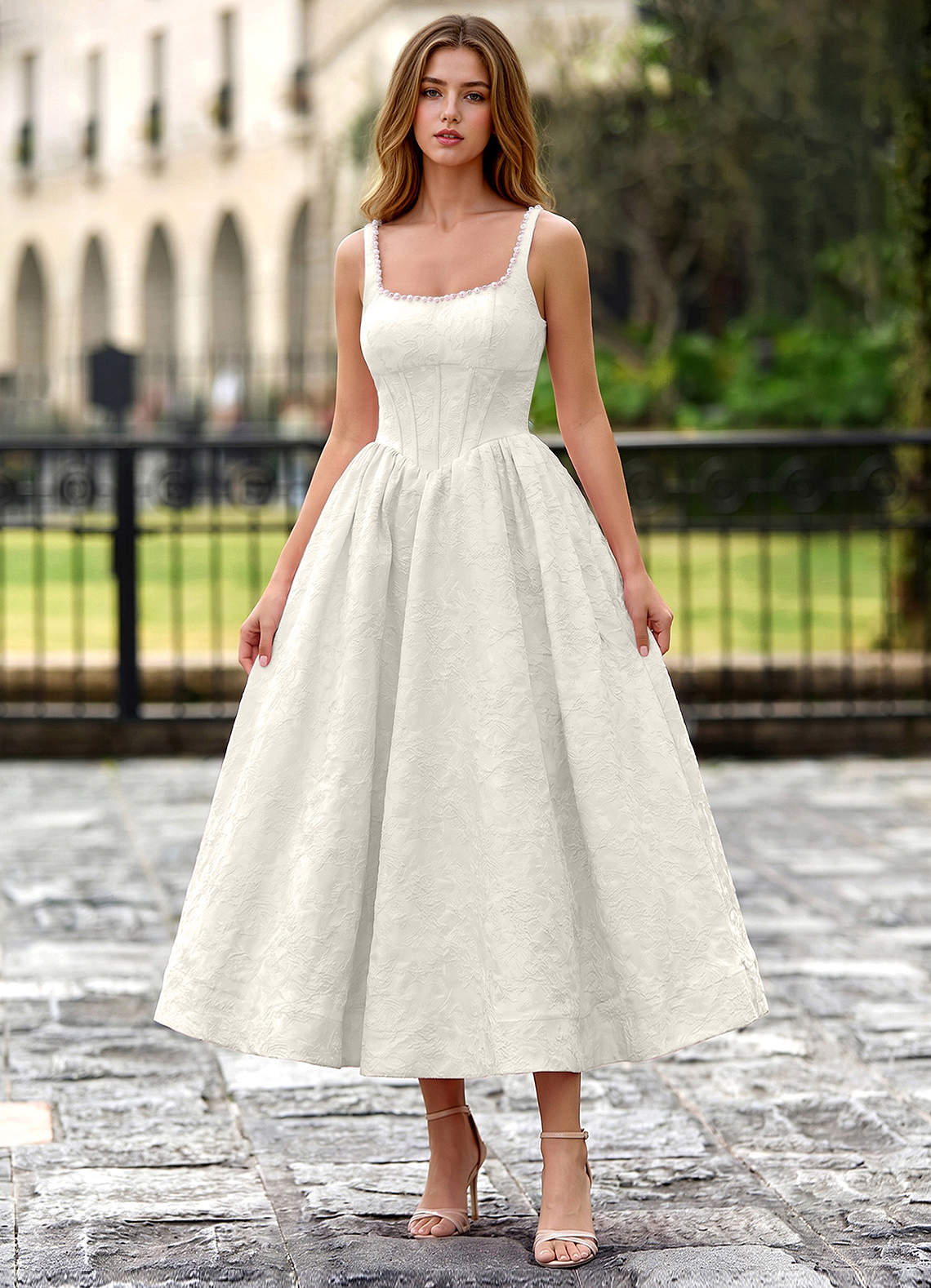 Sephone A-Line Square-Neck Jacquard Prom Dress in Cream