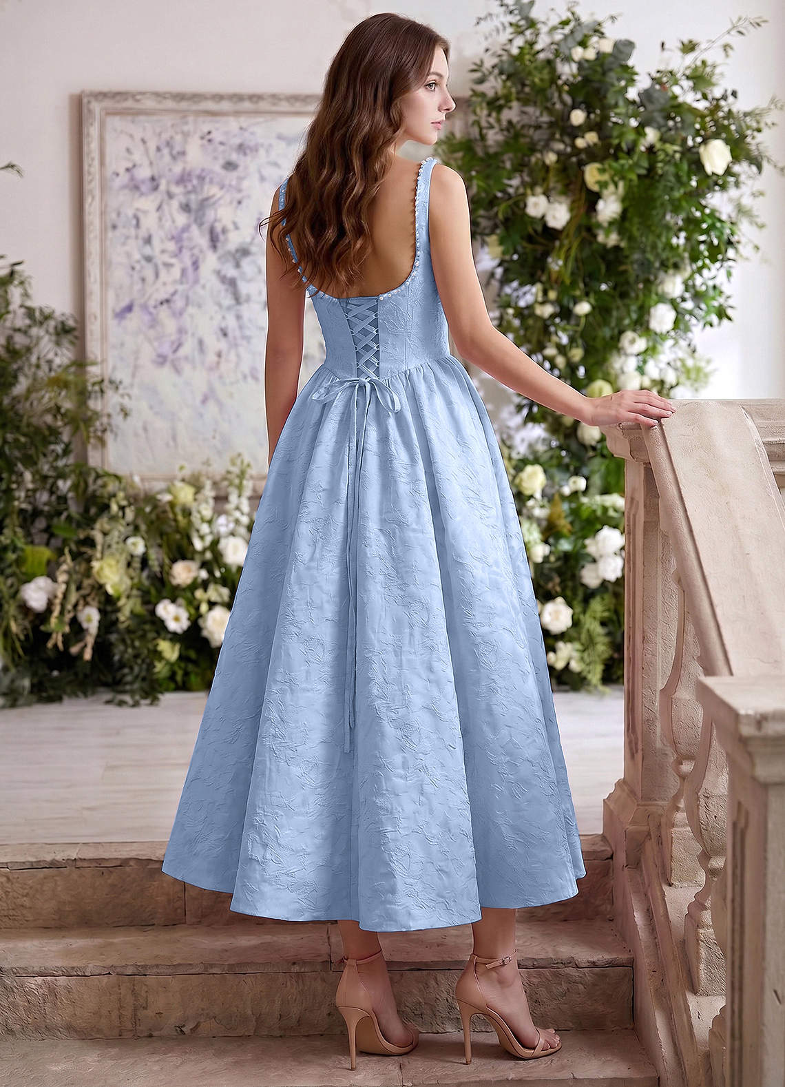 Sephone A-Line Square-Neck Jacquard Prom Dress in Sky Blue