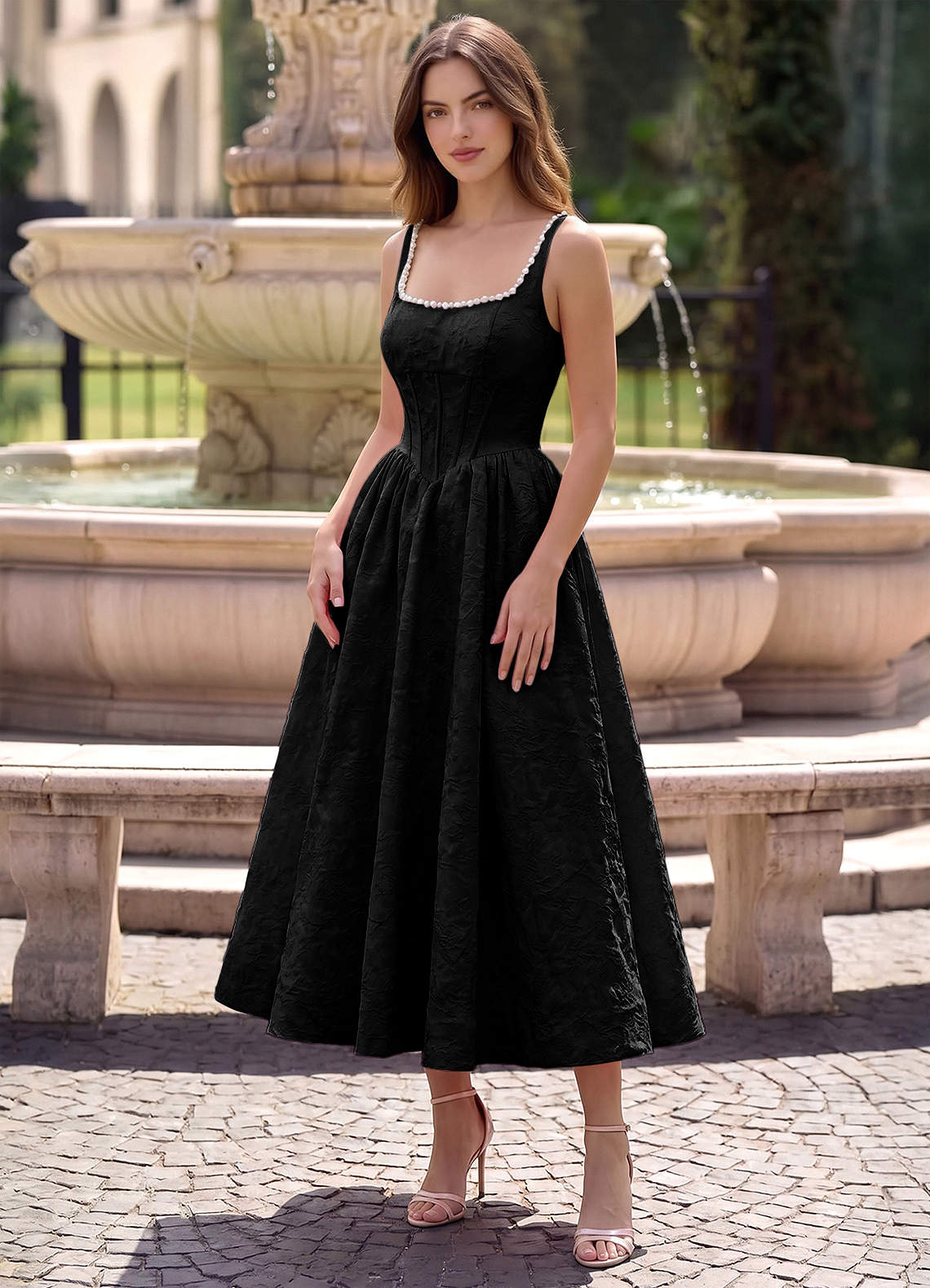 Sephone A-Line Square-Neck Jacquard Prom Dress in Sage