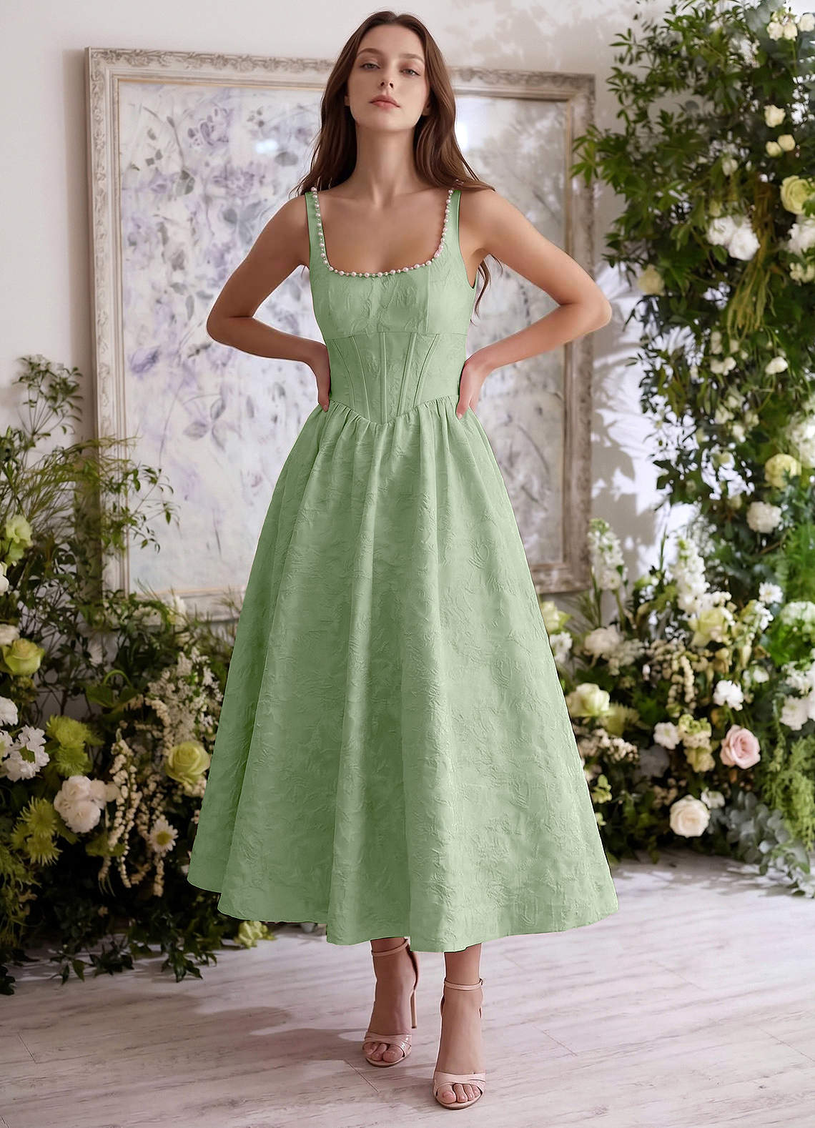 Sephone A-Line Square-Neck Jacquard Prom Dress in Sage