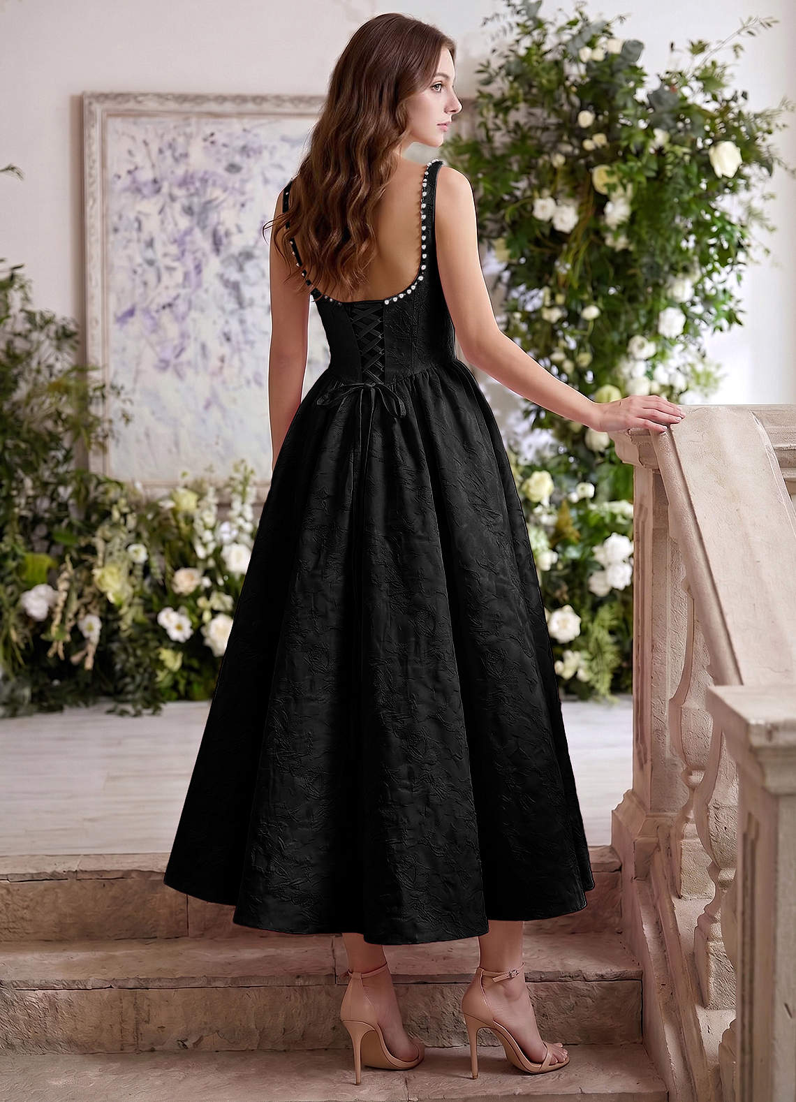 Sephone A-Line Square-Neck Jacquard Prom Dress in Black