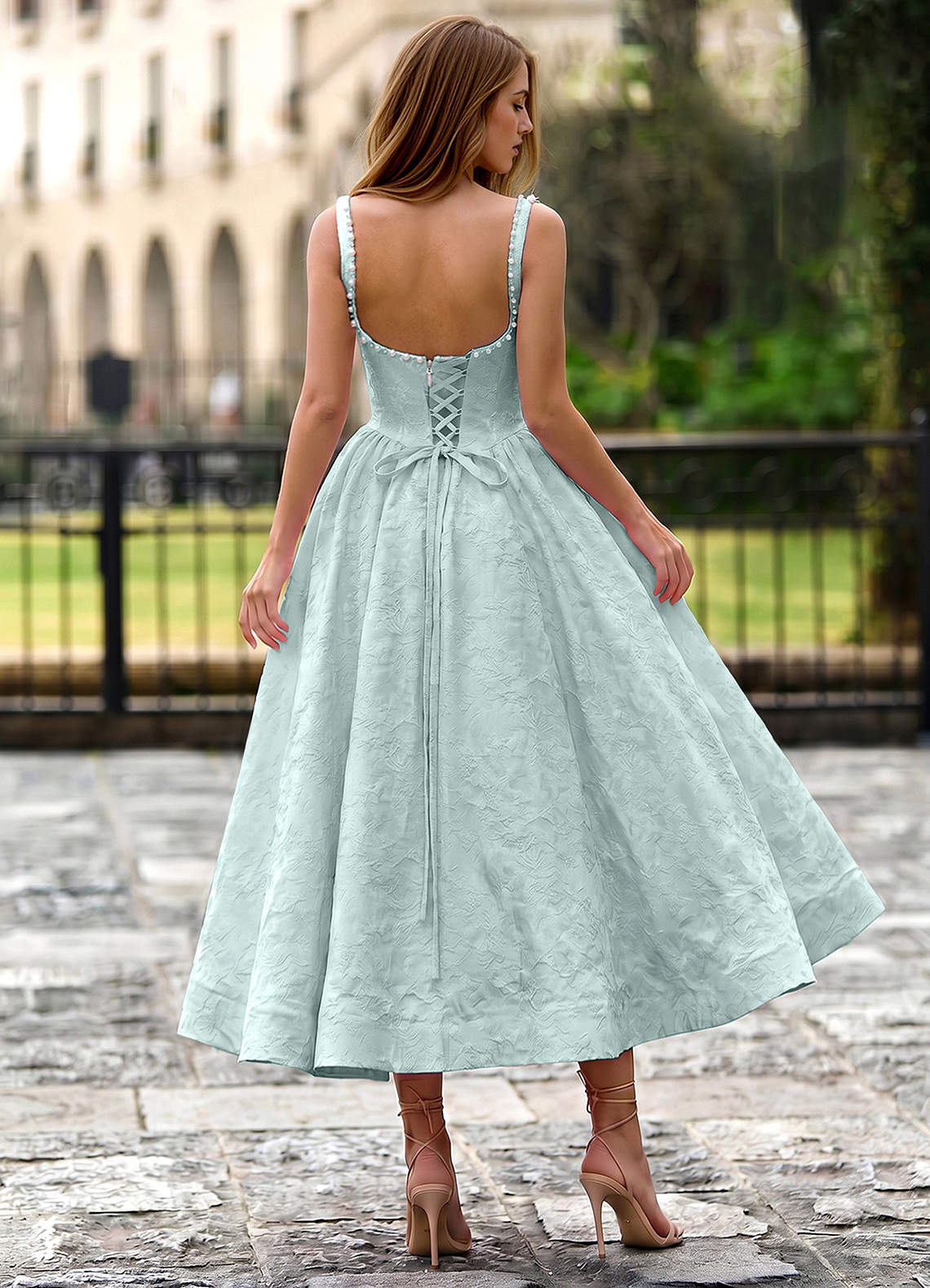 Sephone A-Line Square-Neck Jacquard Prom Dress in Mint Green