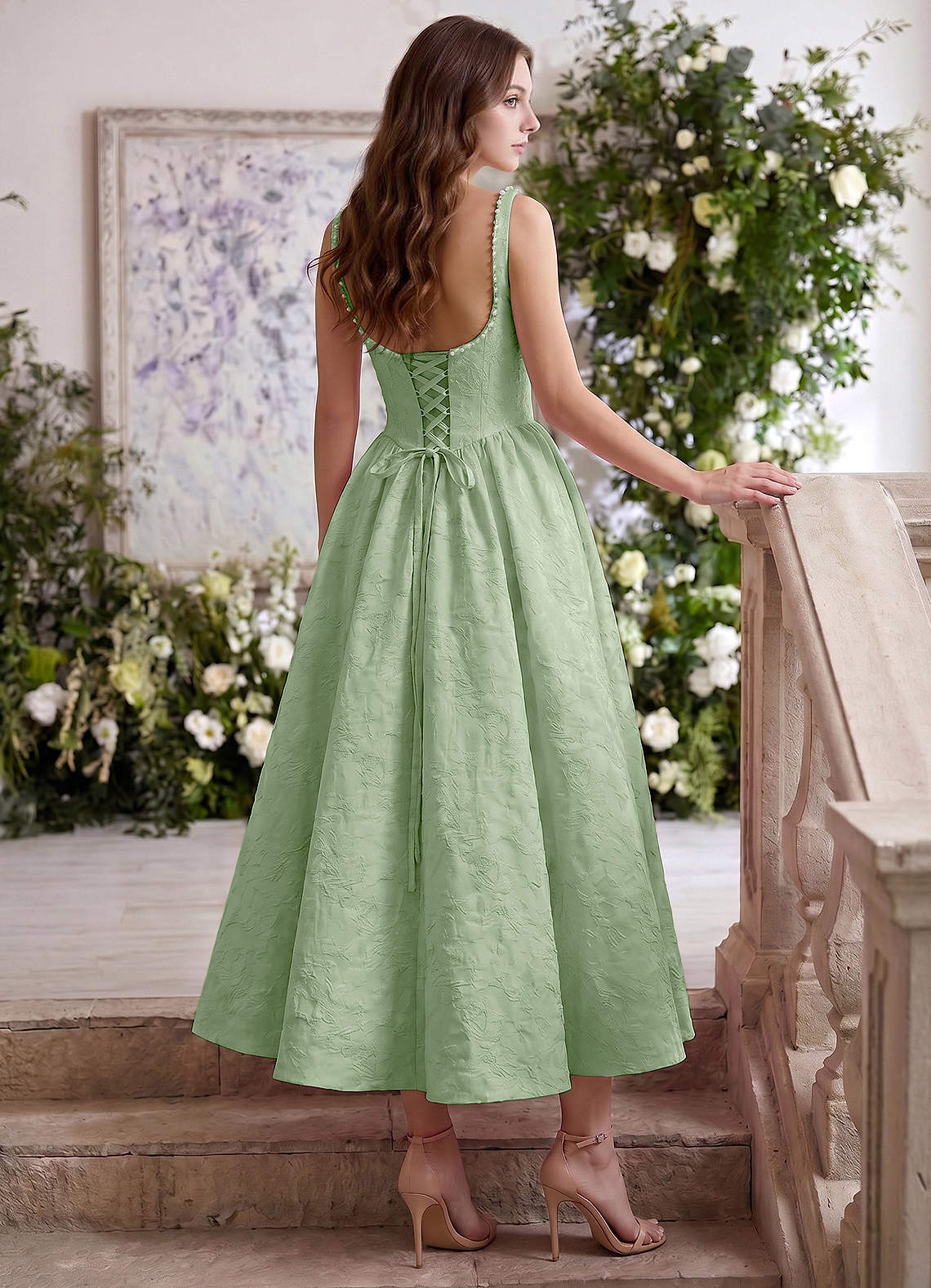 Sephone A-Line Square-Neck Jacquard Prom Dress in Sage