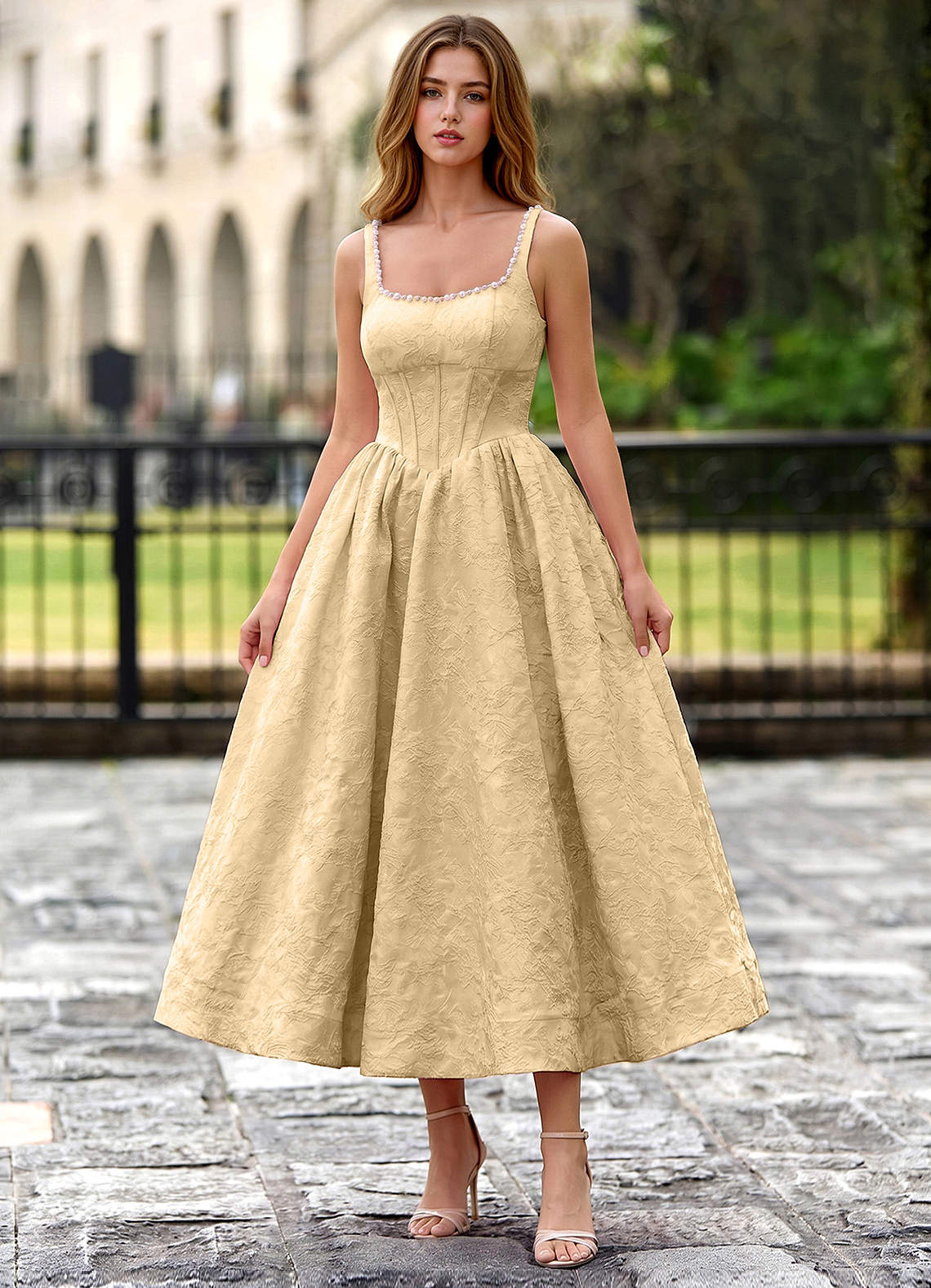 Sephone A-Line Square-Neck Jacquard Prom Dress in Orange