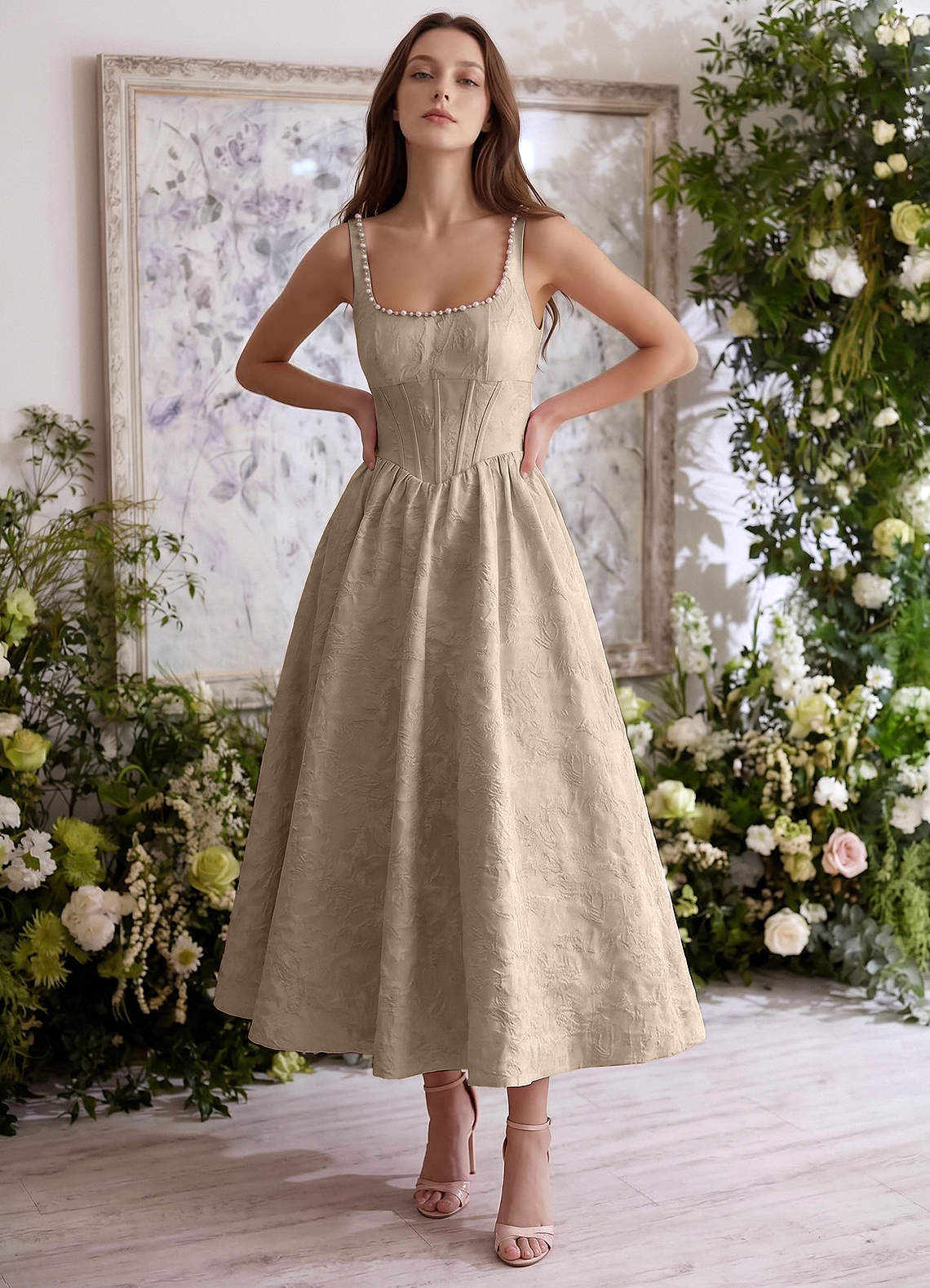 Sephone A-Line Square-Neck Jacquard Prom Dress in Light Apricot