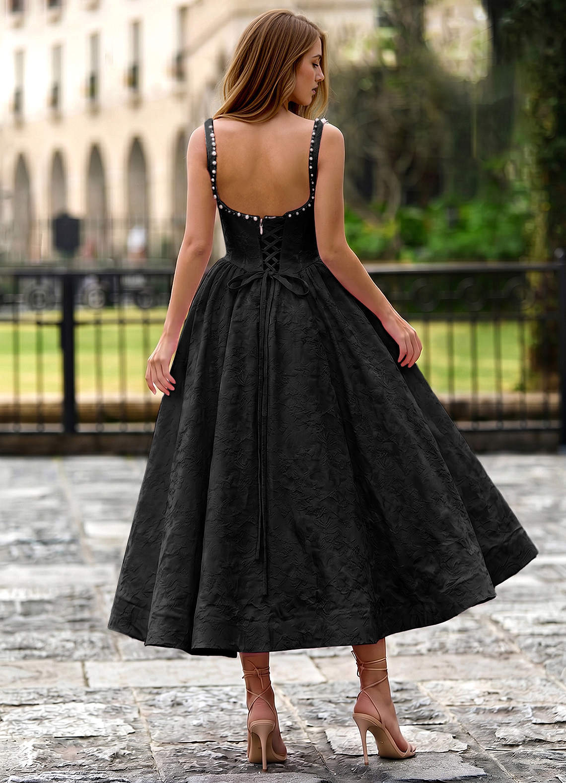 Sephone A-Line Square-Neck Jacquard Prom Dress in Black