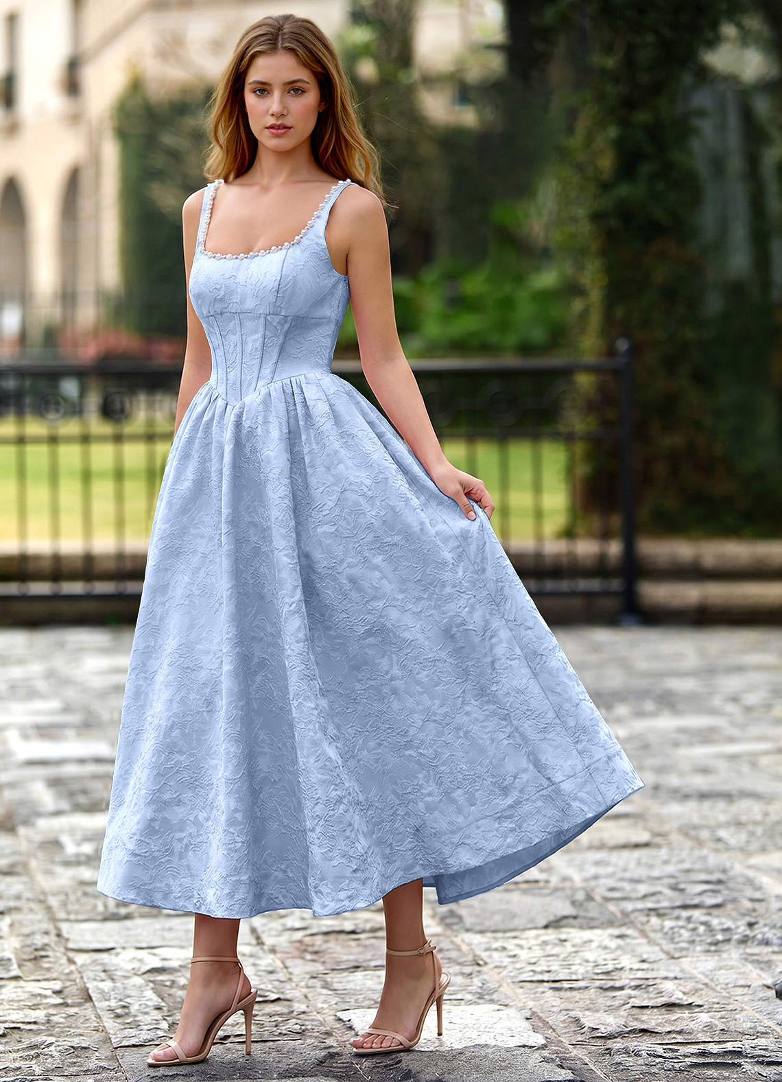 Sephone A-Line Square-Neck Jacquard Prom Dress in Sky Blue
