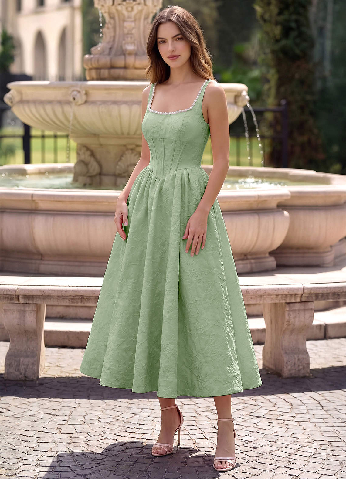 Sephone A-Line Square-Neck Jacquard Prom Dress in Sage