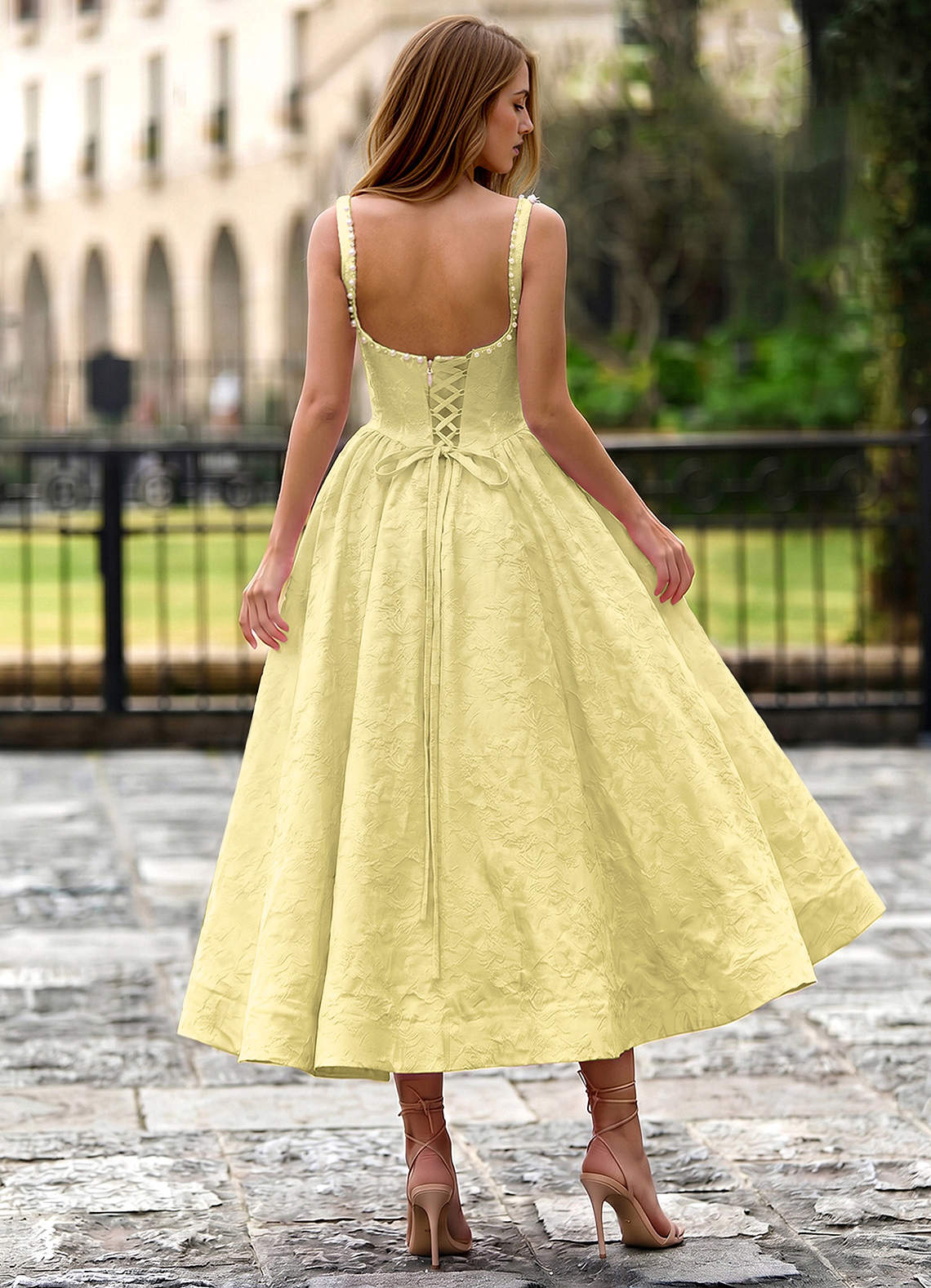 Sephone A-Line Square-Neck Jacquard Prom Dress in Yellow