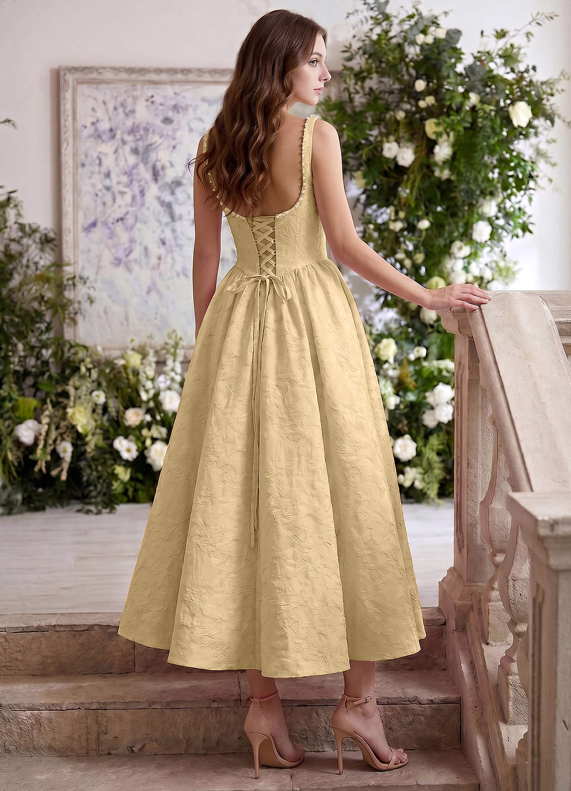 Sephone A-Line Square-Neck Jacquard Prom Dress in Orange