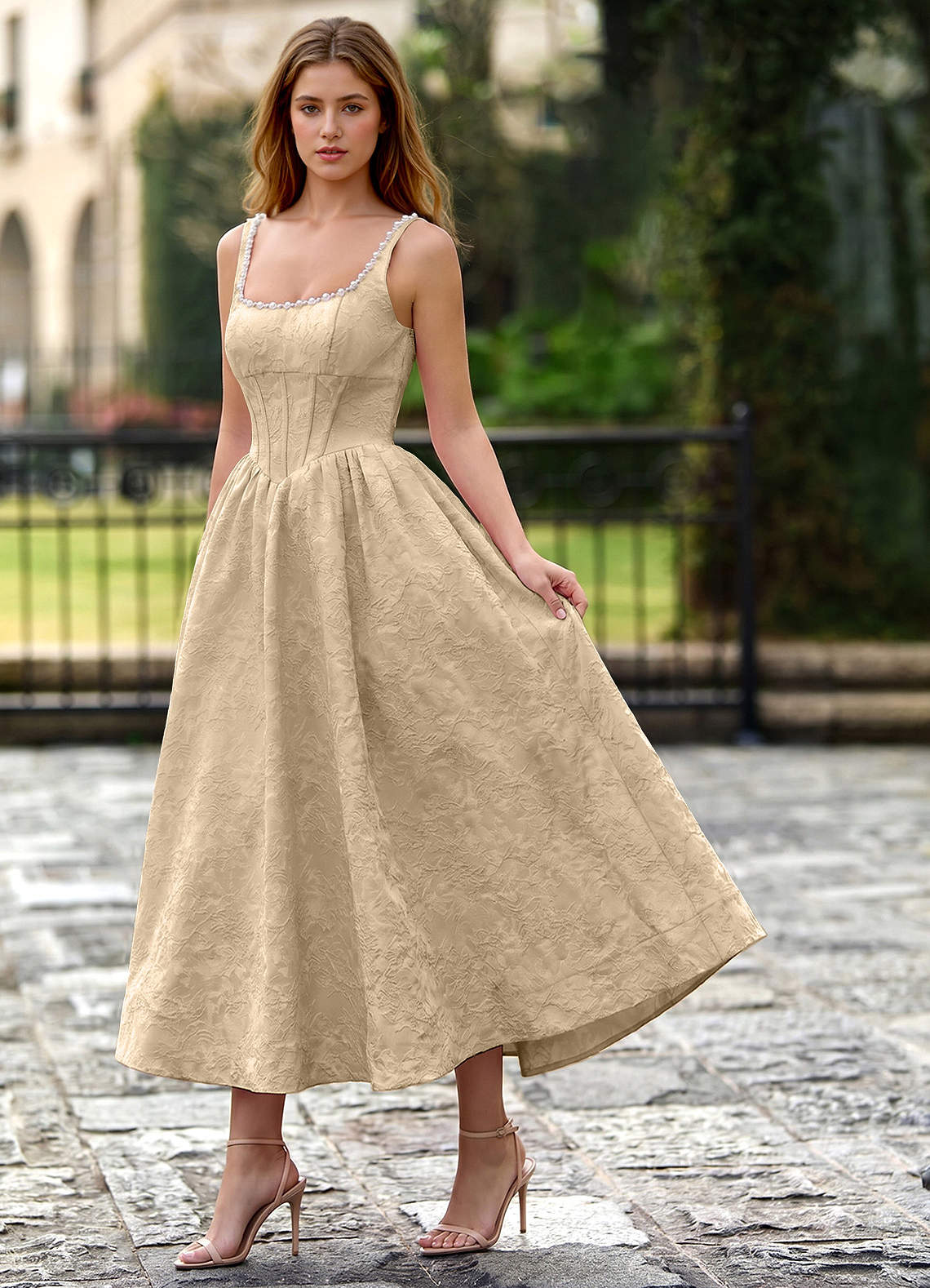 Sephone A-Line Square-Neck Jacquard Prom Dress in Champagne