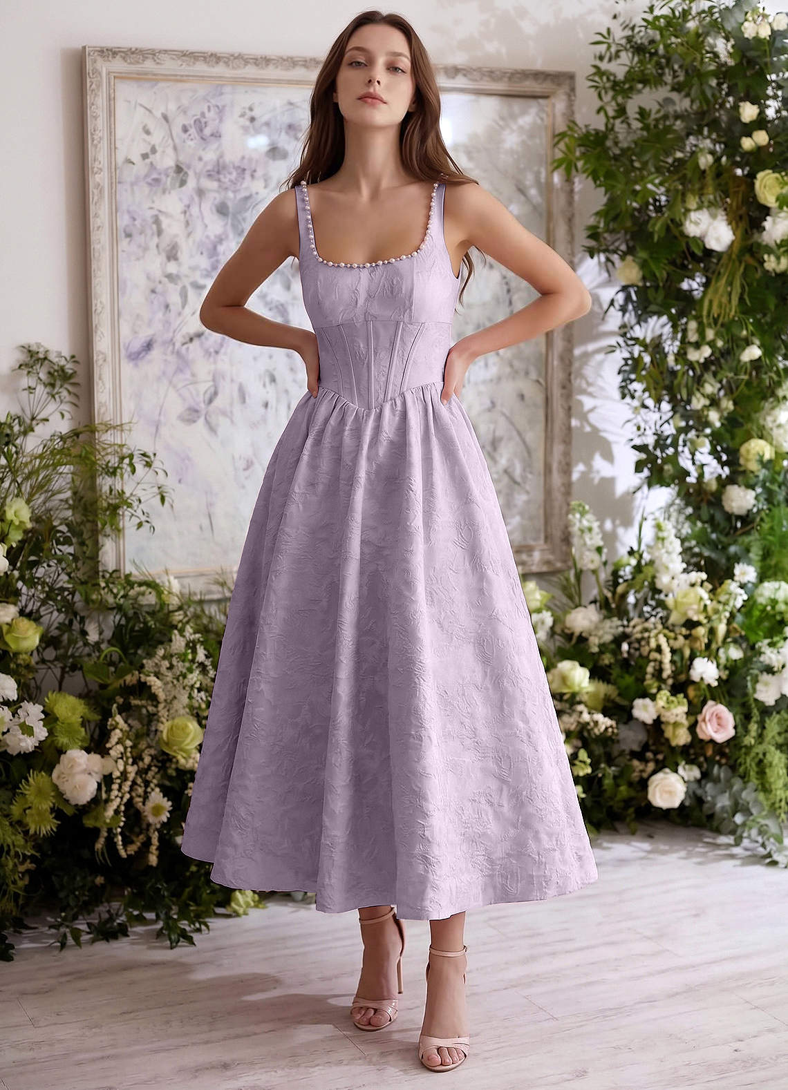 Sephone A-Line Square-Neck Jacquard Prom Dress in Light Purple