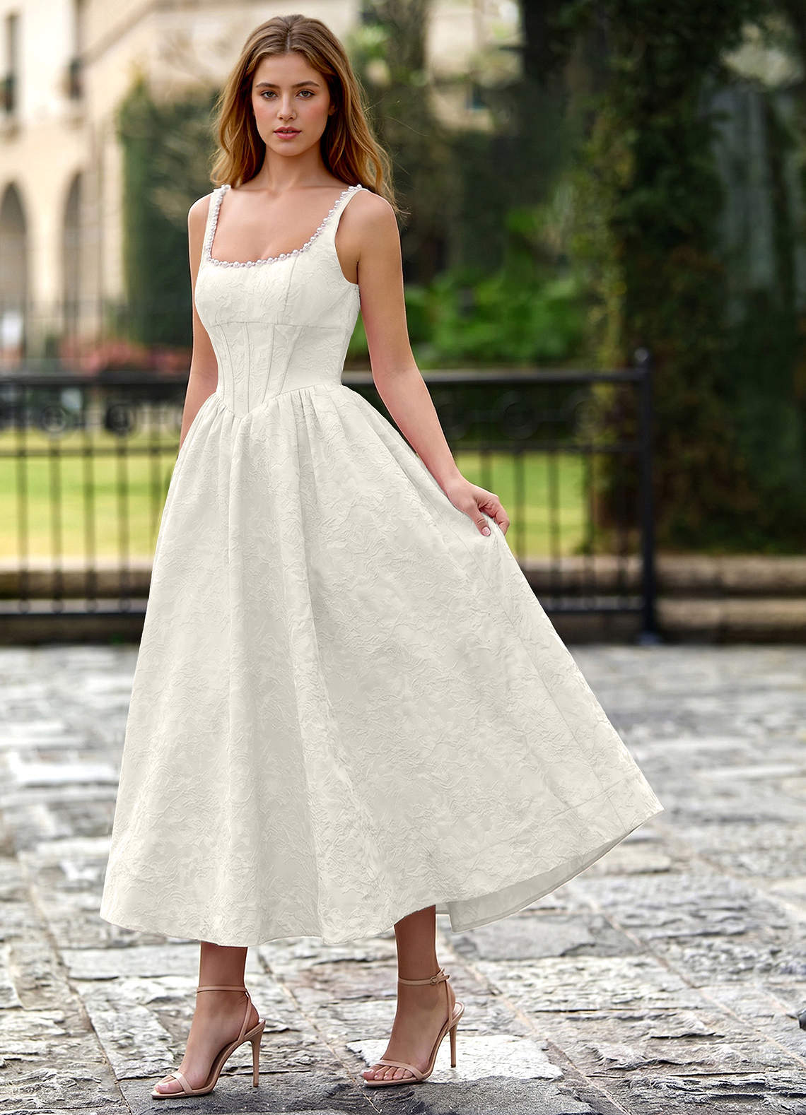 Sephone A-Line Square-Neck Jacquard Prom Dress in Cream