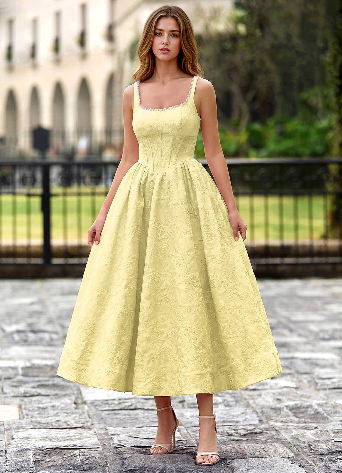 Sephone A-Line Square-Neck Jacquard Prom Dress in Yellow