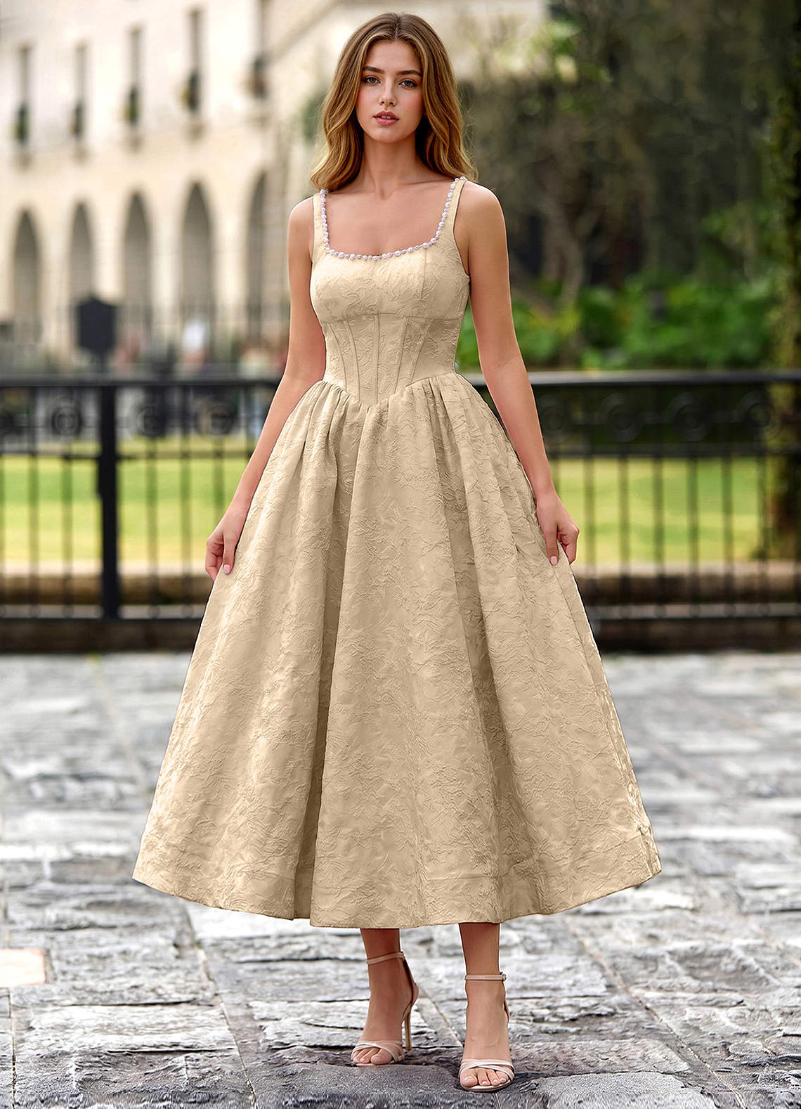 Sephone A-Line Square-Neck Jacquard Prom Dress in Champagne