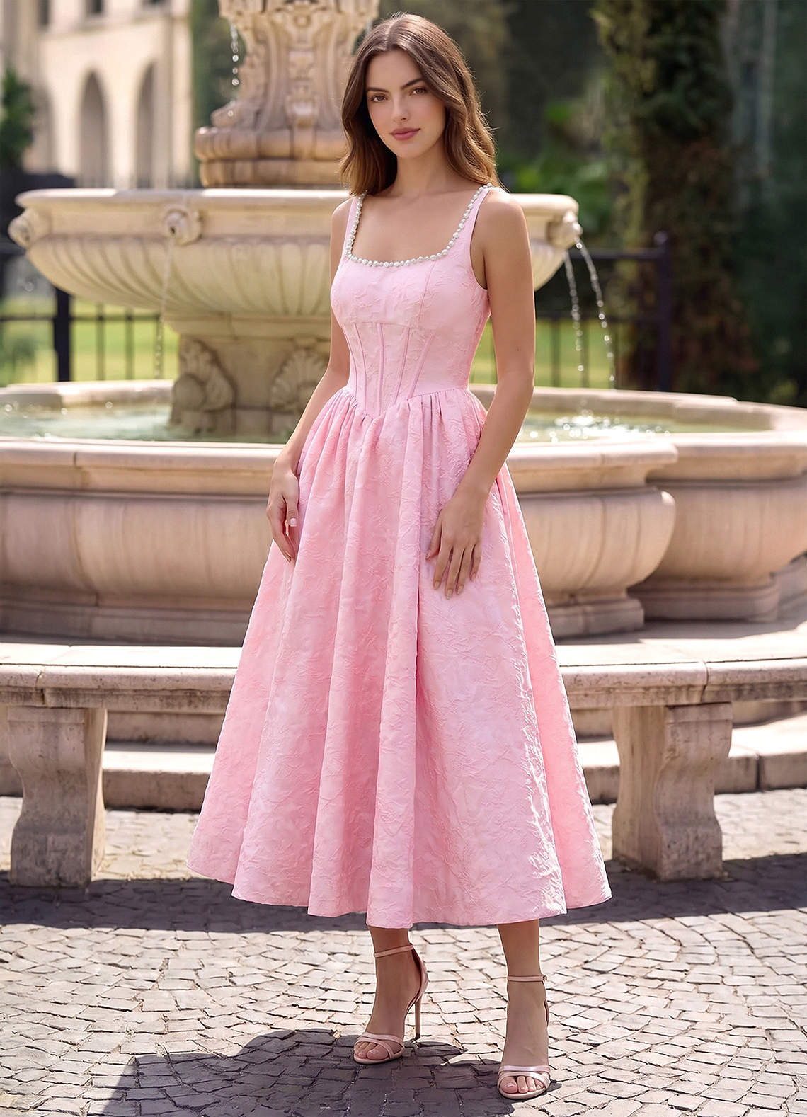 Sephone A-Line Square-Neck Jacquard Prom Dress in Sage