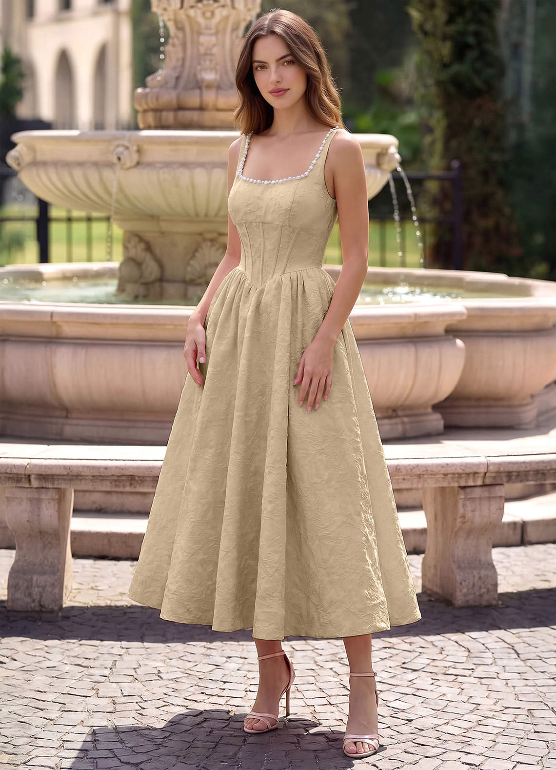 Sephone A-Line Square-Neck Jacquard Prom Dress in Sage