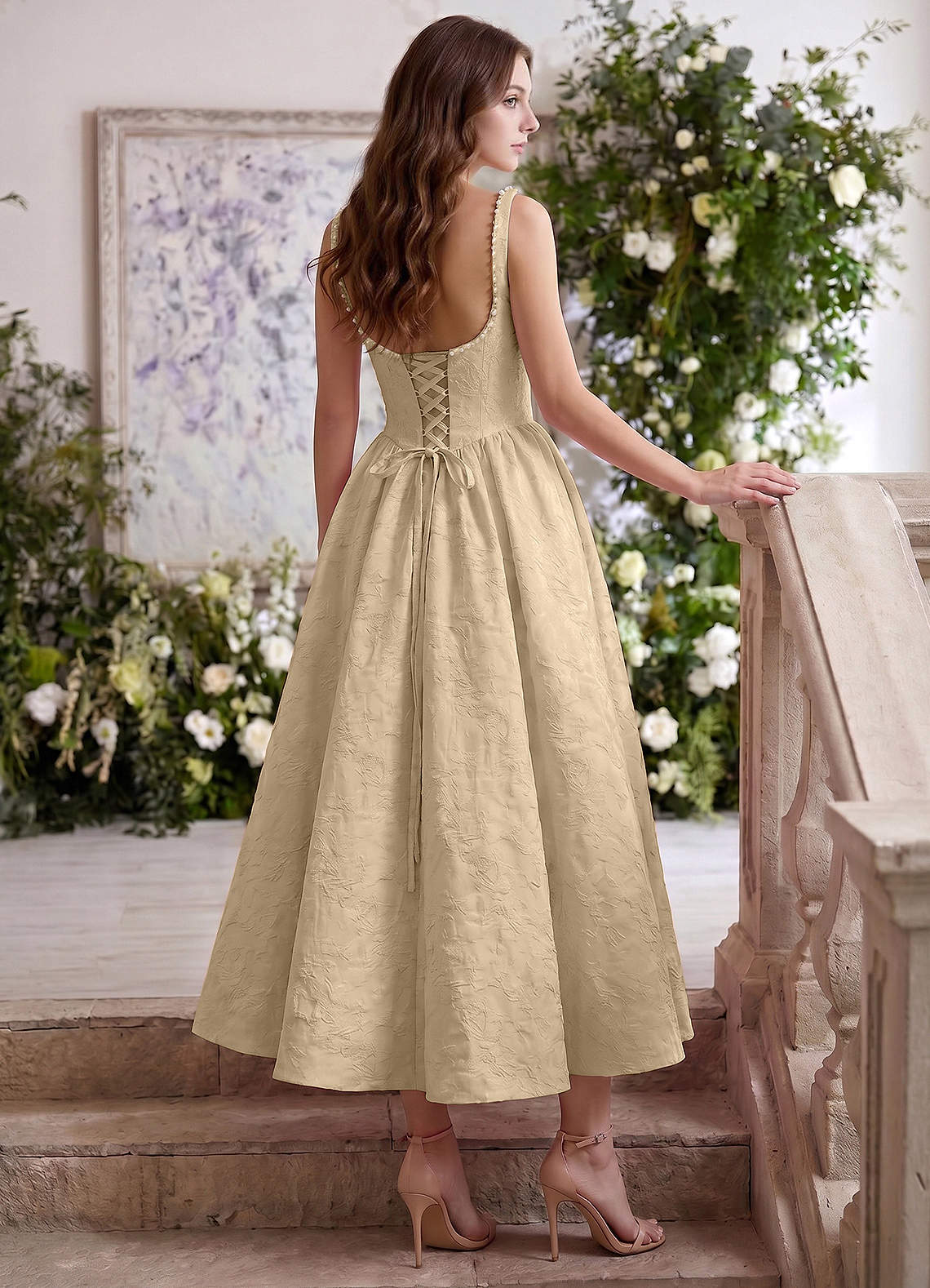 Sephone A-Line Square-Neck Jacquard Prom Dress in Champagne