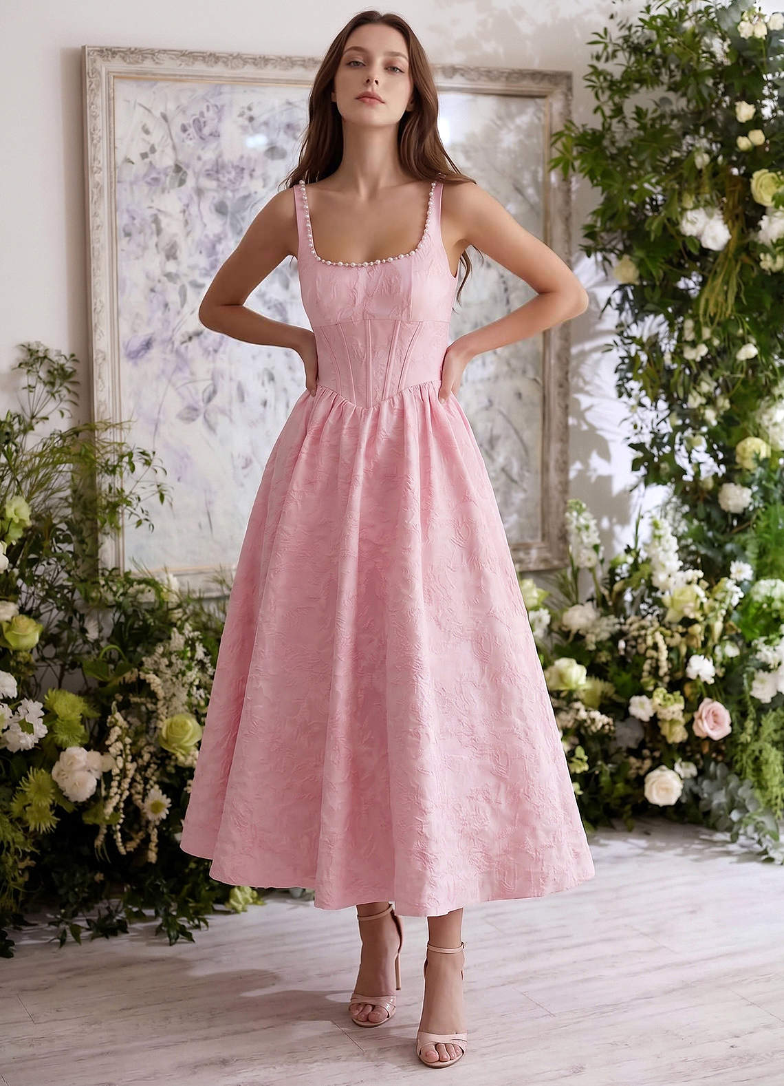 Sephone A-Line Square-Neck Jacquard Prom Dress in Pink