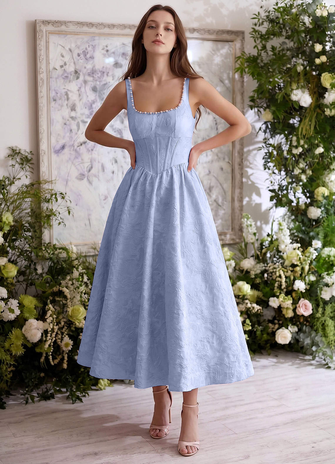Sephone A-Line Square-Neck Jacquard Prom Dress in Periwinkle