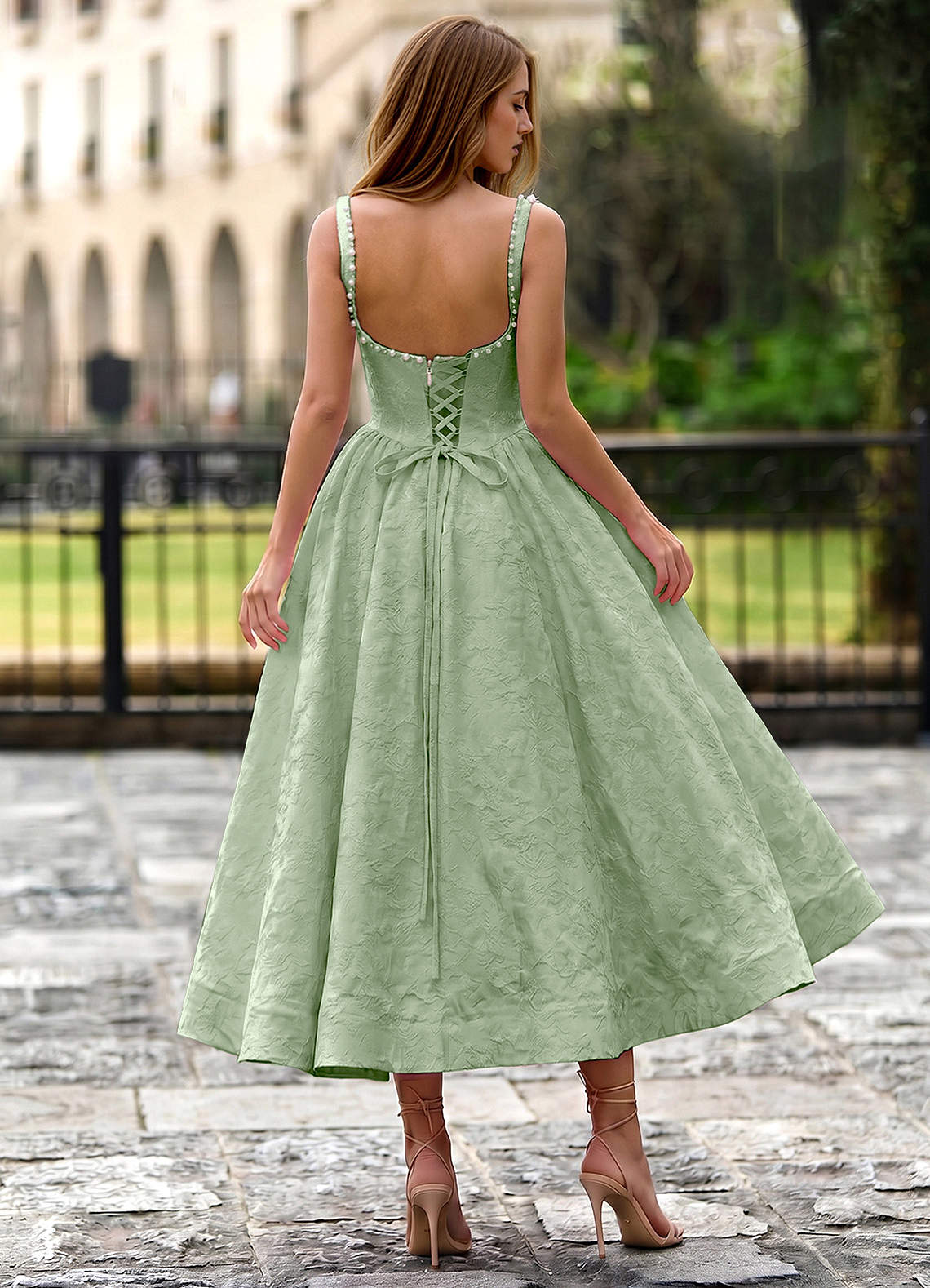 Sephone A-Line Square-Neck Jacquard Prom Dress in Sage