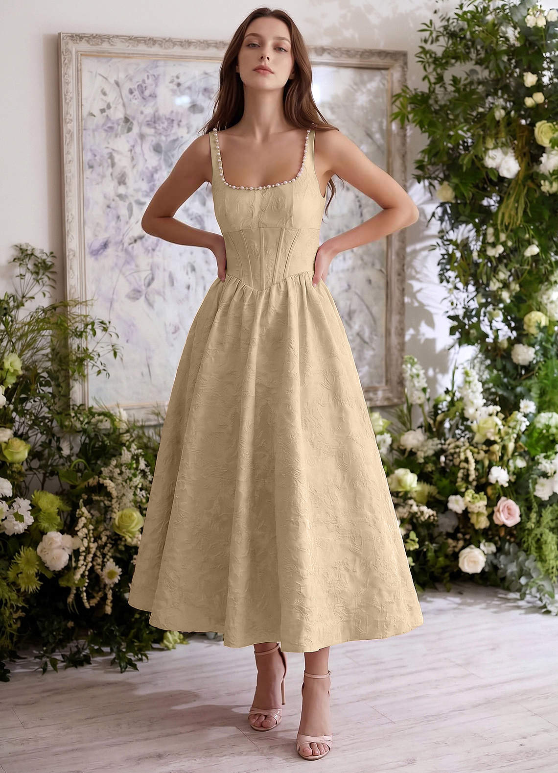 Sephone A-Line Square-Neck Jacquard Prom Dress in Champagne