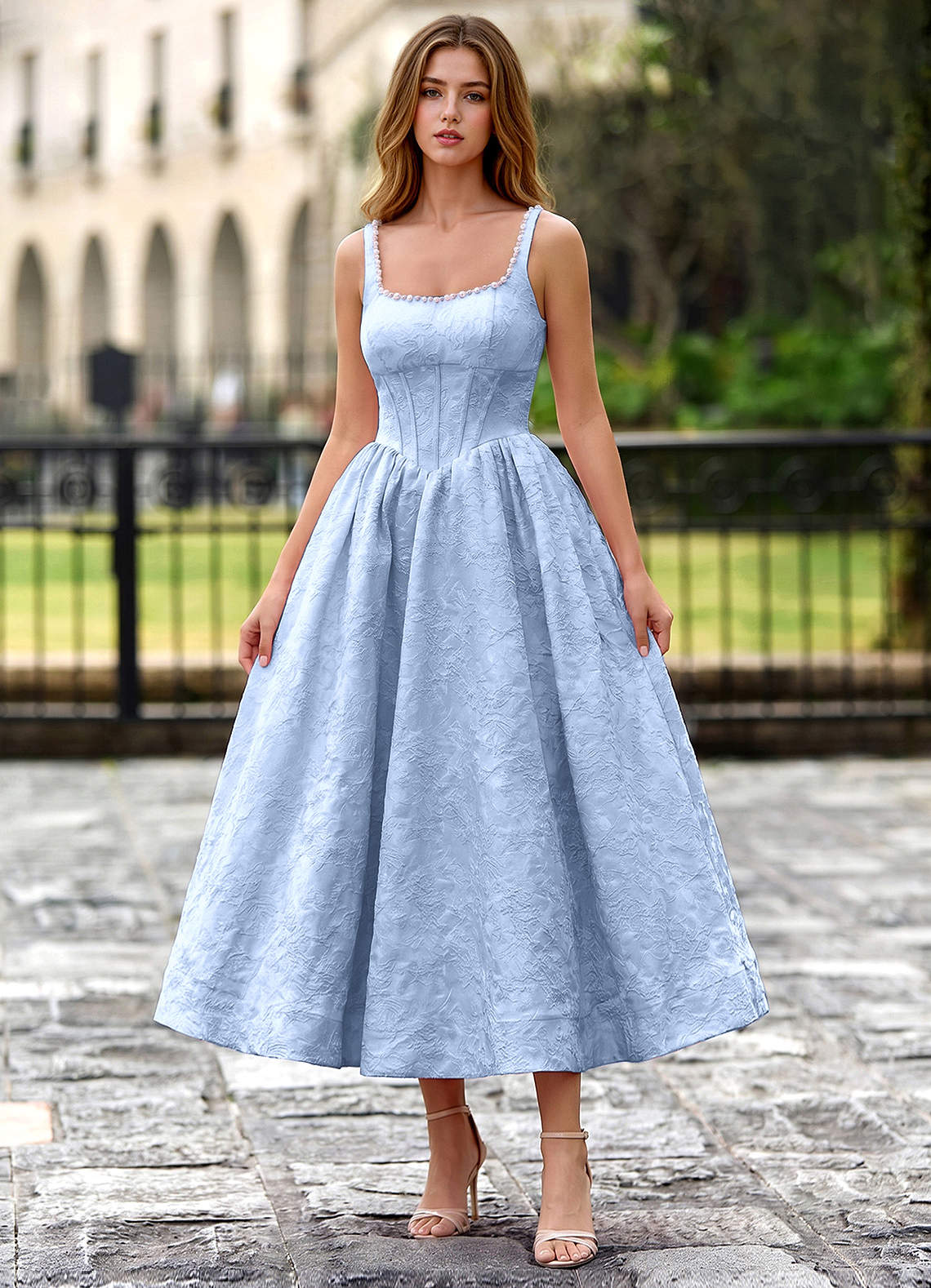 Sephone A-Line Square-Neck Jacquard Prom Dress in Sky Blue