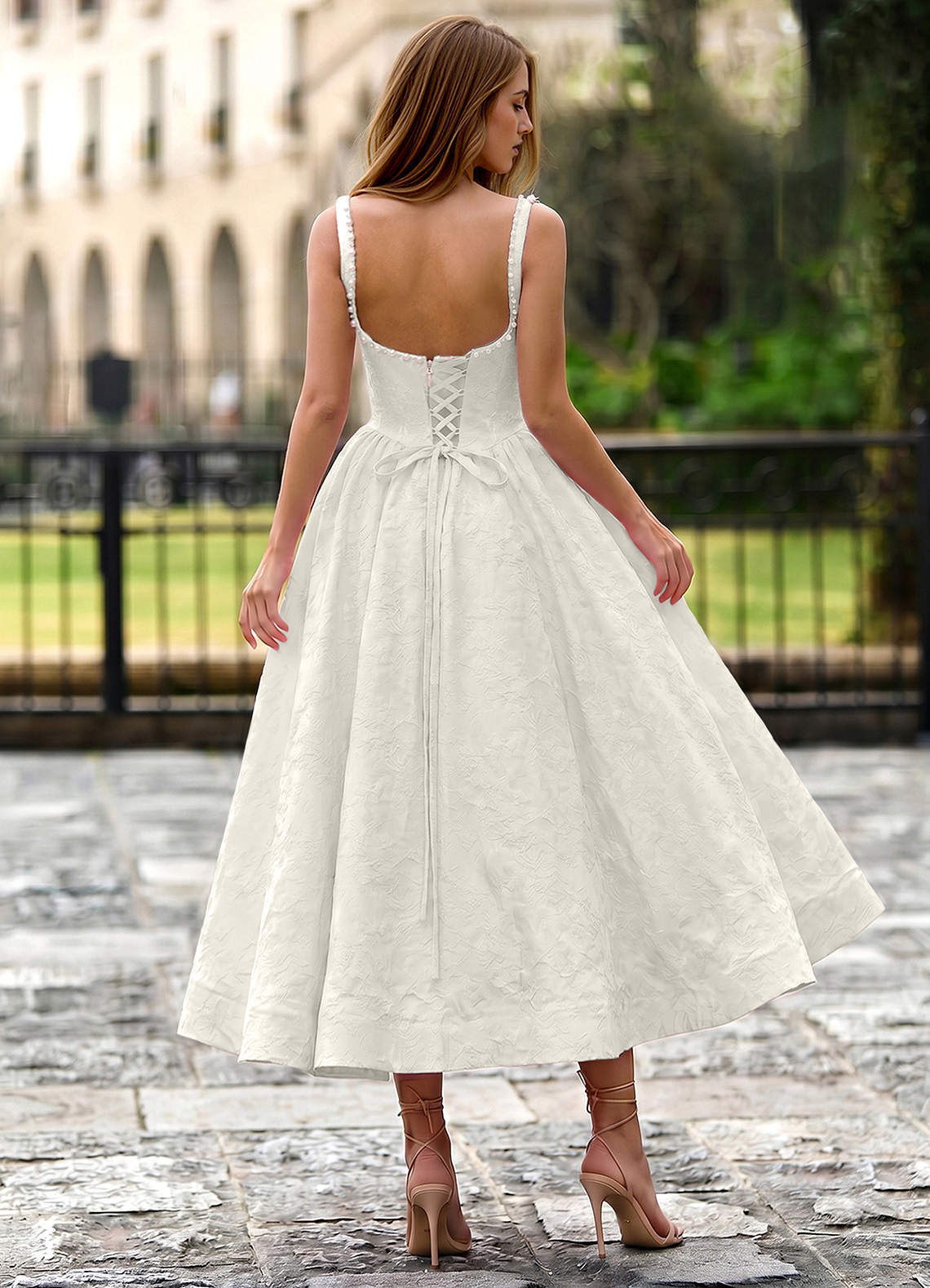 Sephone A-Line Square-Neck Jacquard Prom Dress in Cream