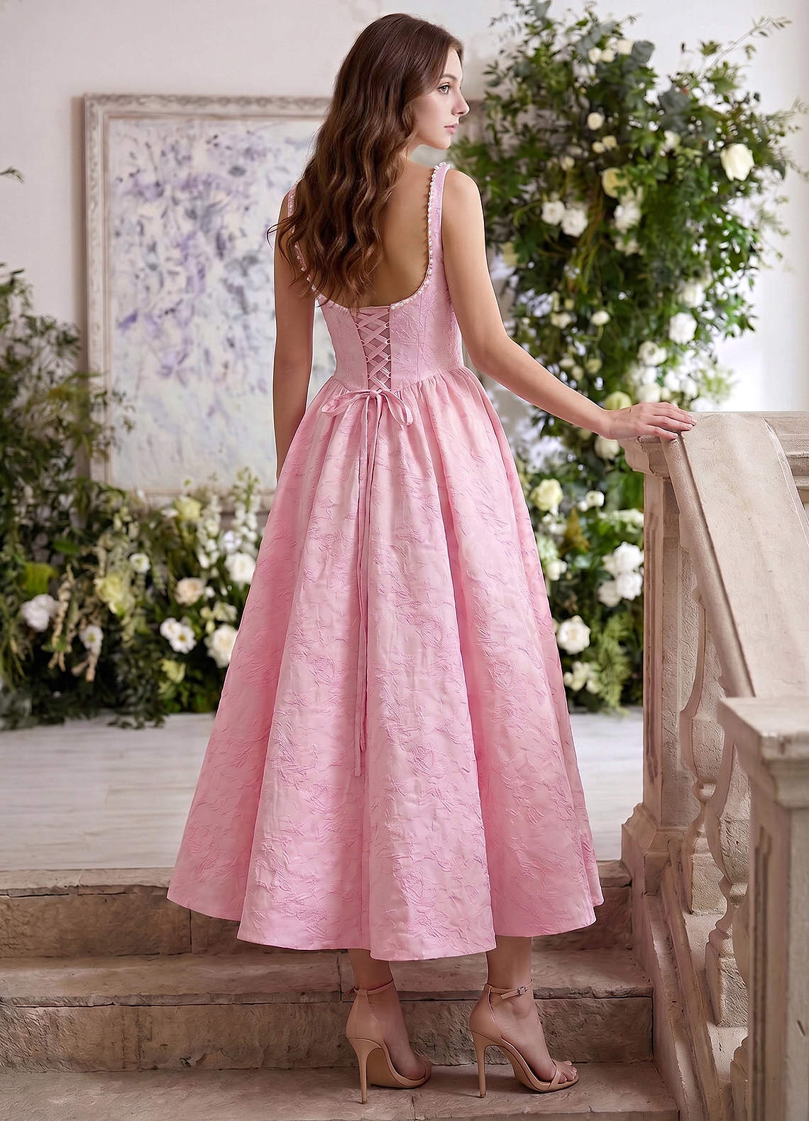 Sephone A-Line Square-Neck Jacquard Prom Dress in Pink
