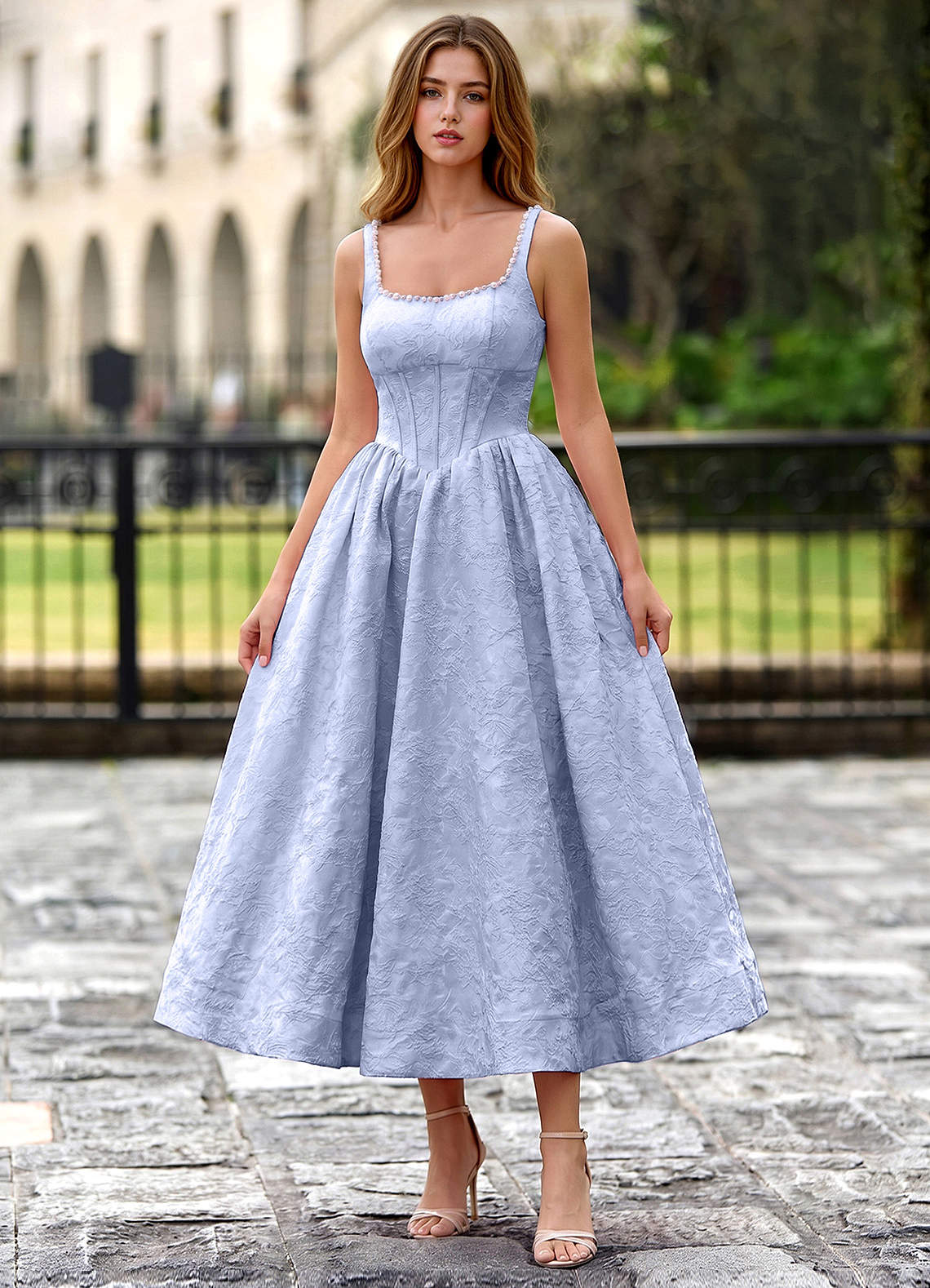 Sephone A-Line Square-Neck Jacquard Prom Dress in Periwinkle