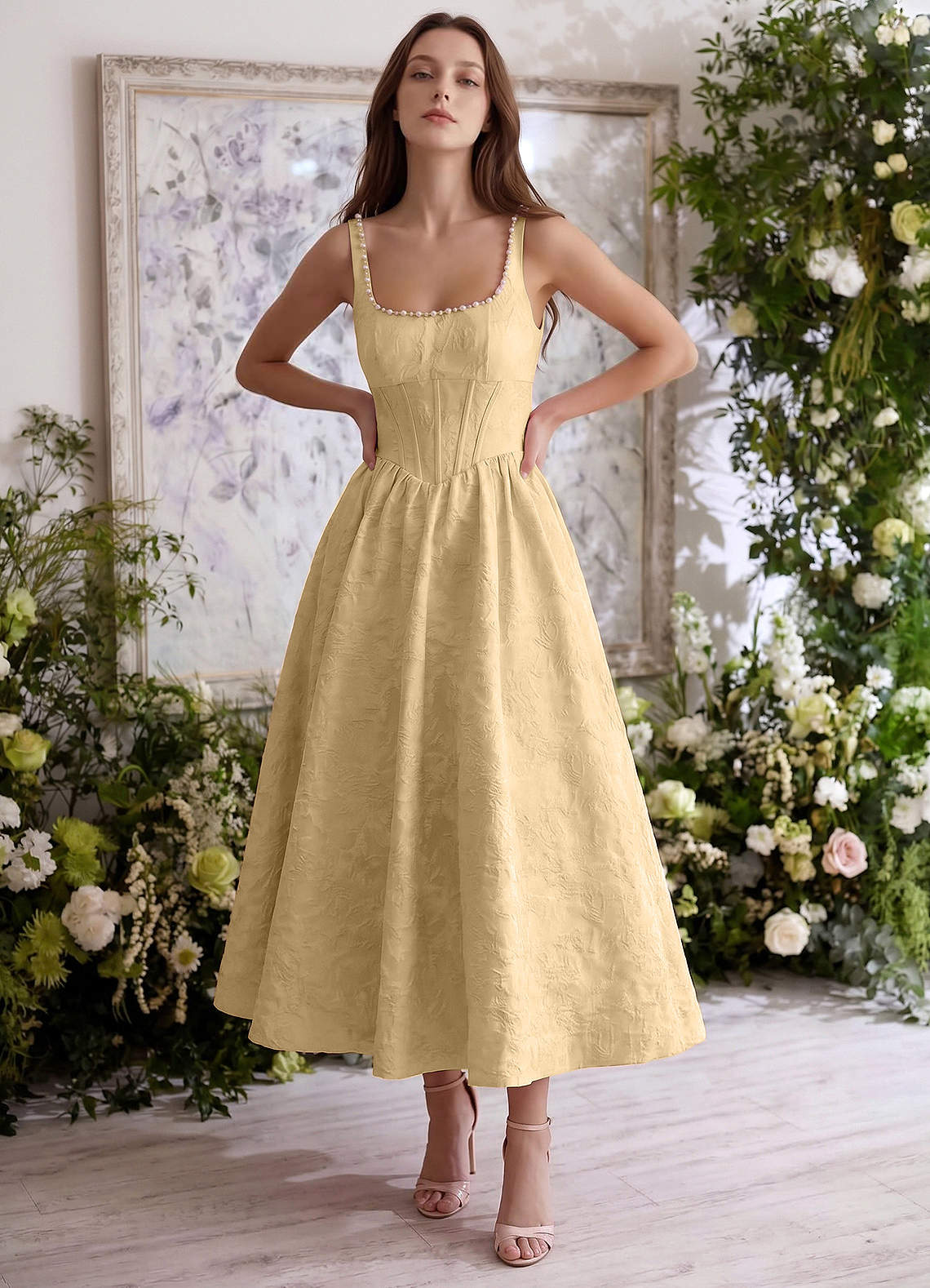 Sephone A-Line Square-Neck Jacquard Prom Dress in Orange