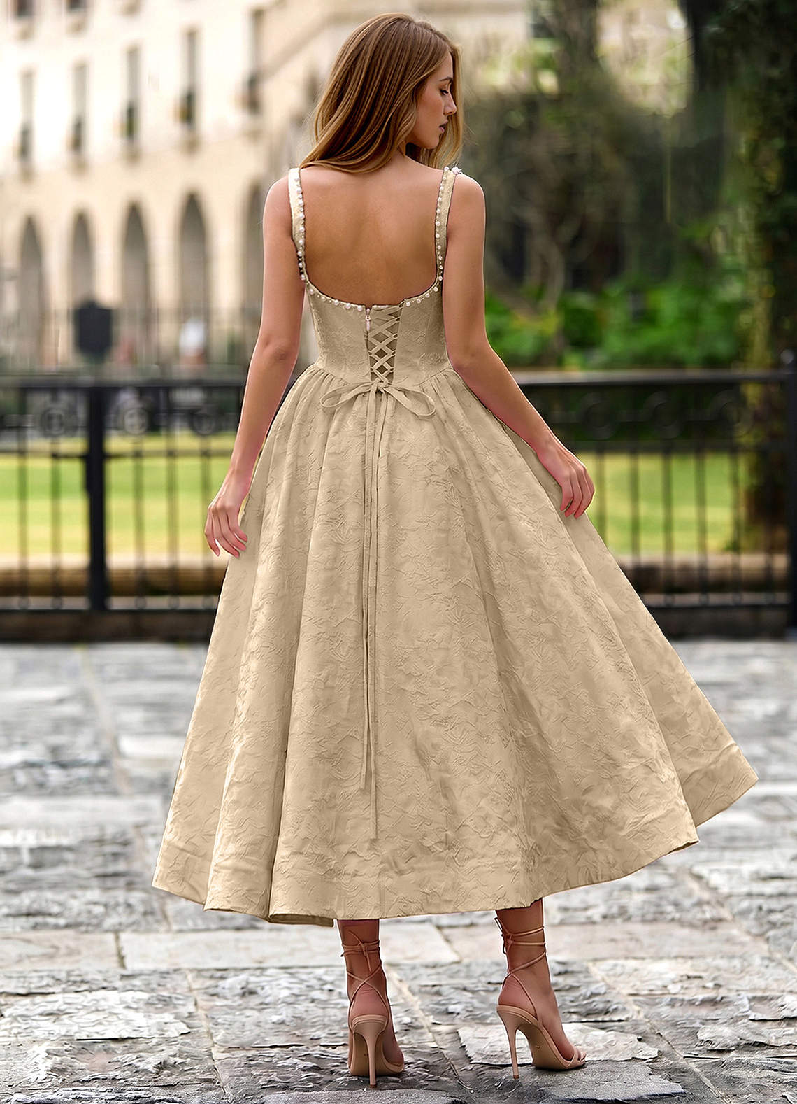Sephone A-Line Square-Neck Jacquard Prom Dress in Champagne