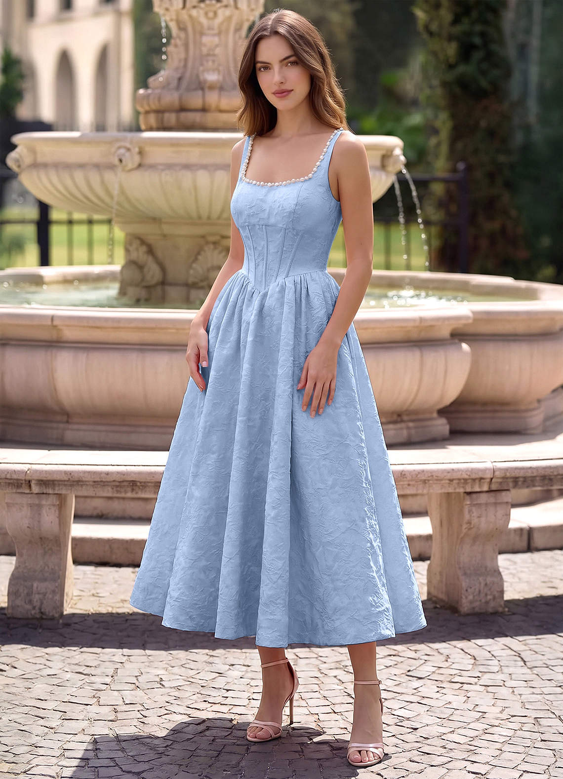 Sephone A-Line Square-Neck Jacquard Prom Dress in Sage