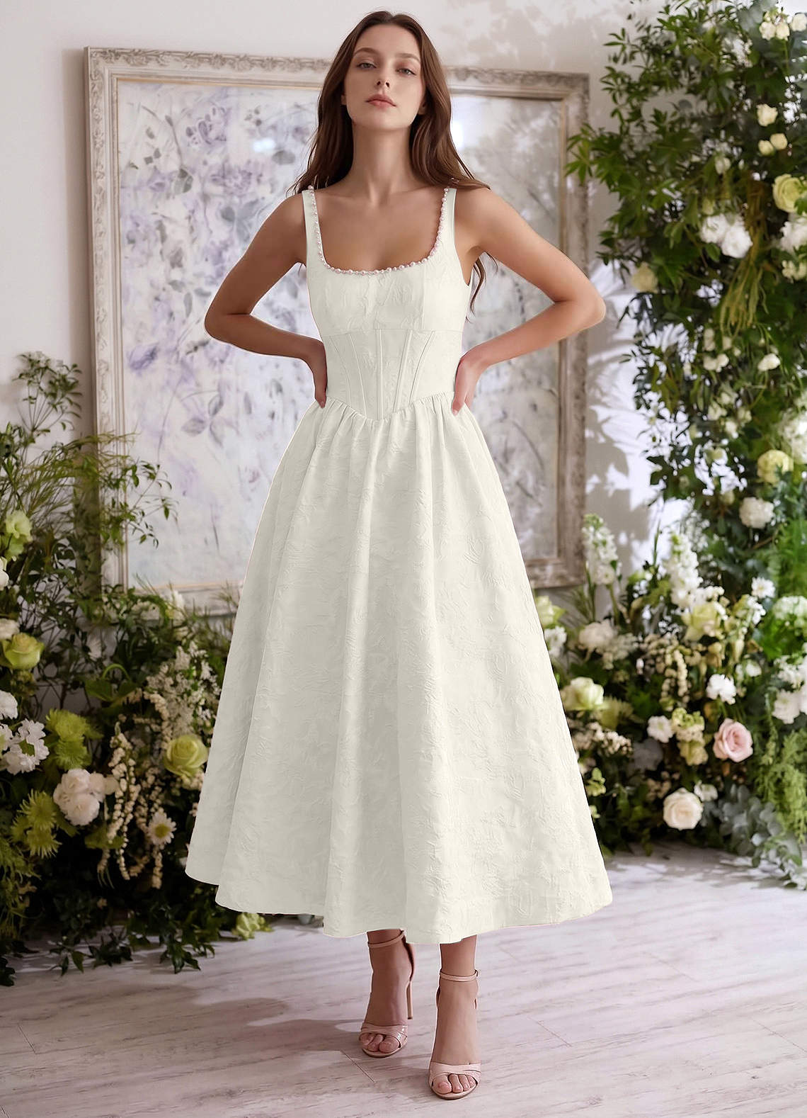Sephone A-Line Square-Neck Jacquard Prom Dress in Cream