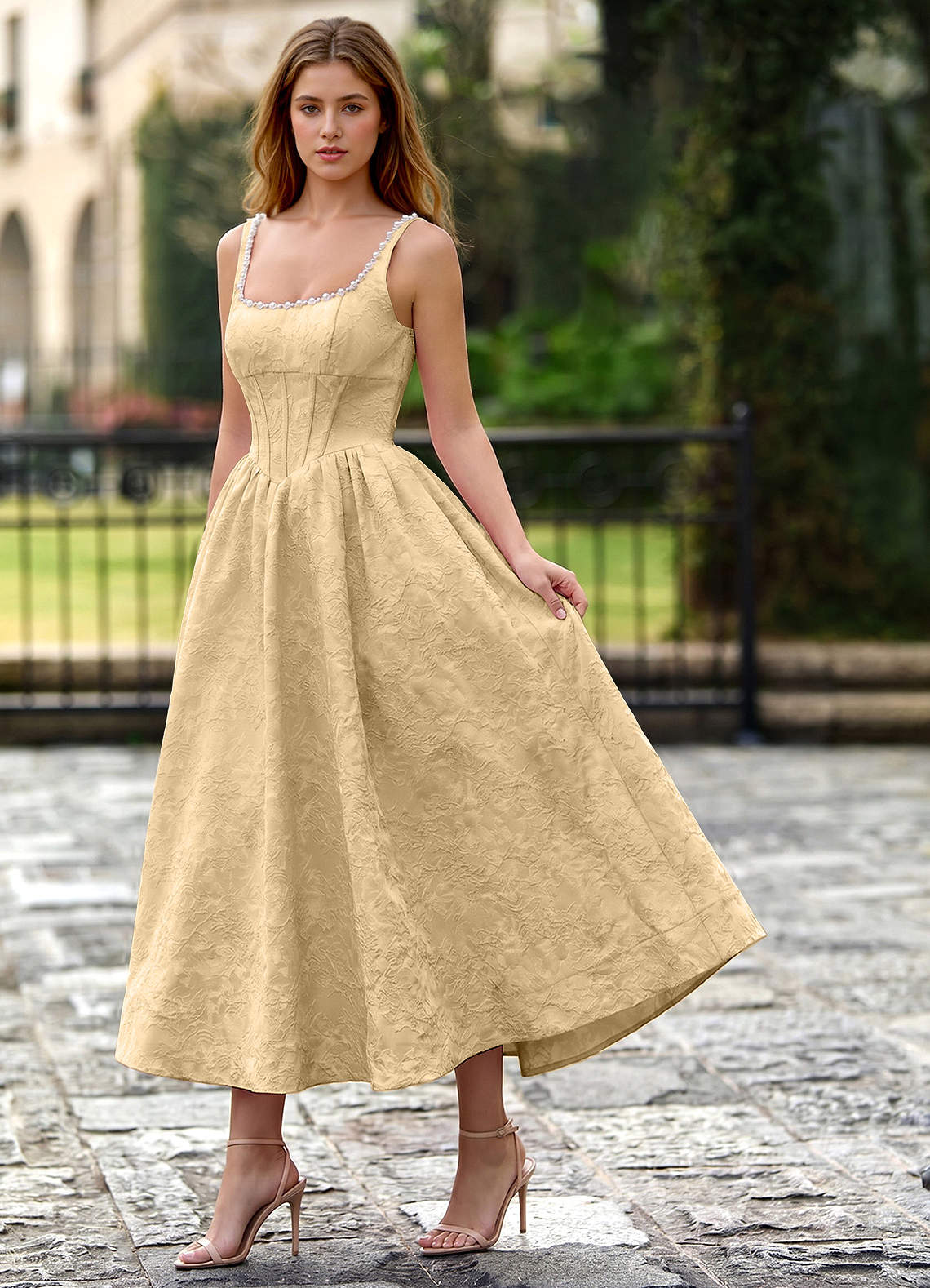 Sephone A-Line Square-Neck Jacquard Prom Dress in Orange