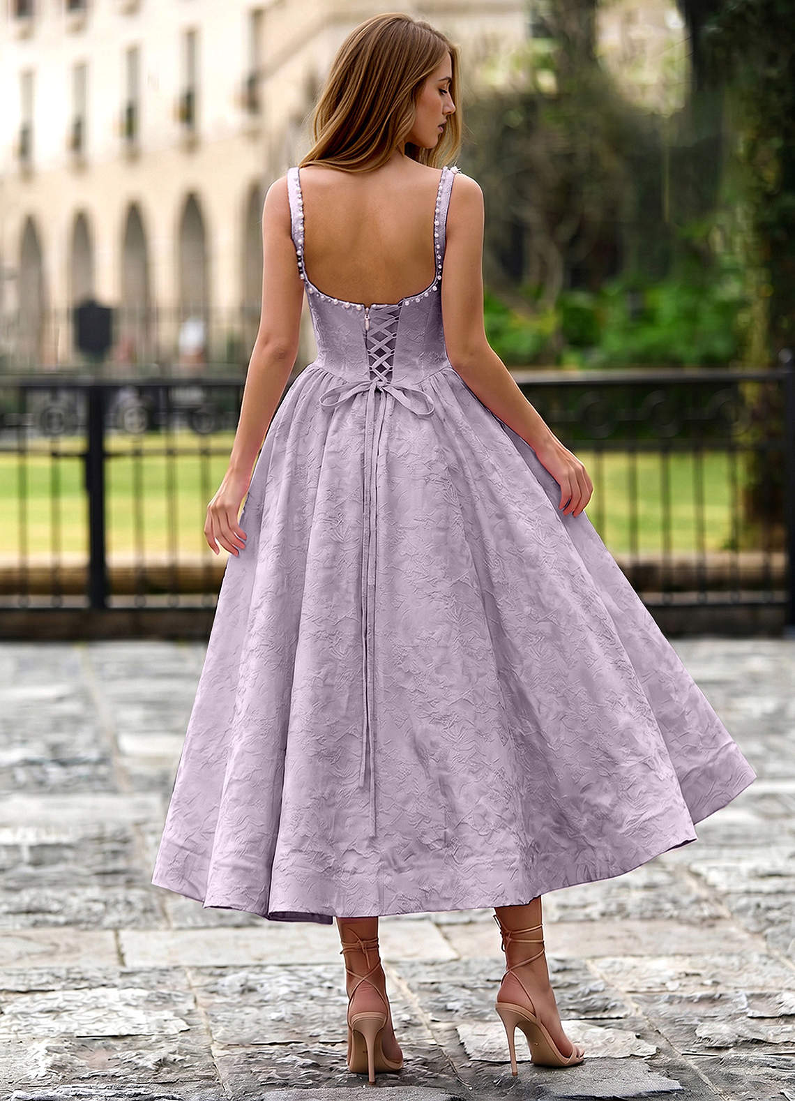 Sephone A-Line Square-Neck Jacquard Prom Dress in Light Purple