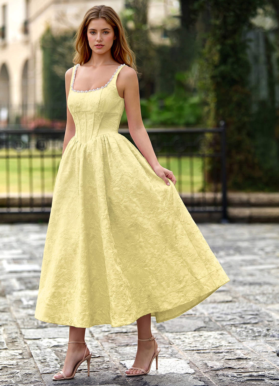 Sephone A-Line Square-Neck Jacquard Prom Dress in Yellow