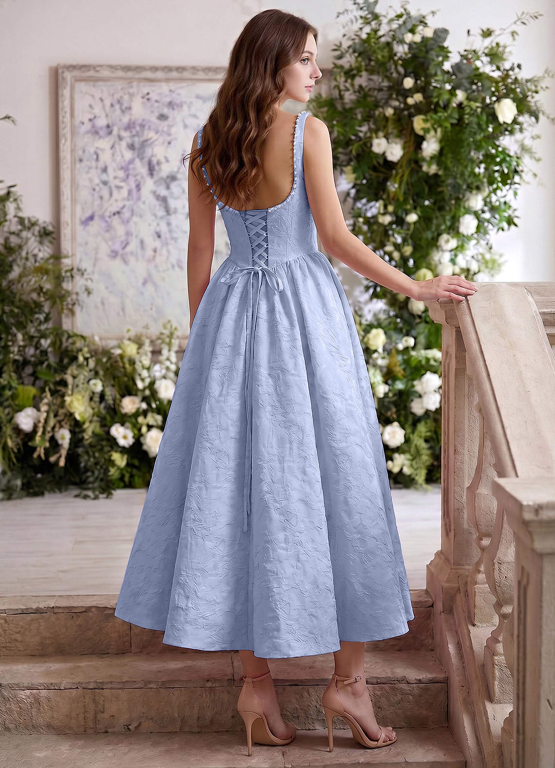 Sephone A-Line Square-Neck Jacquard Prom Dress in Periwinkle