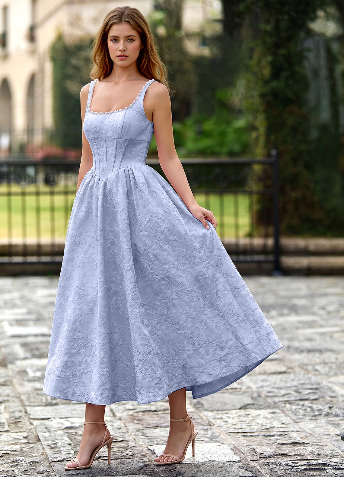 Sephone A-Line Square-Neck Jacquard Prom Dress in Periwinkle