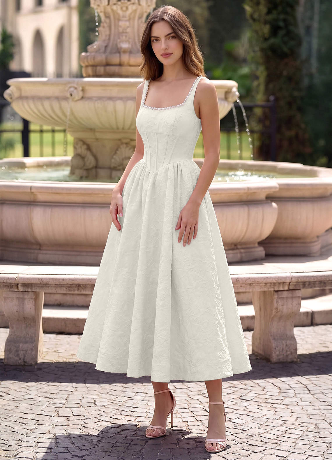 Sephone A-Line Square-Neck Jacquard Prom Dress in Sage