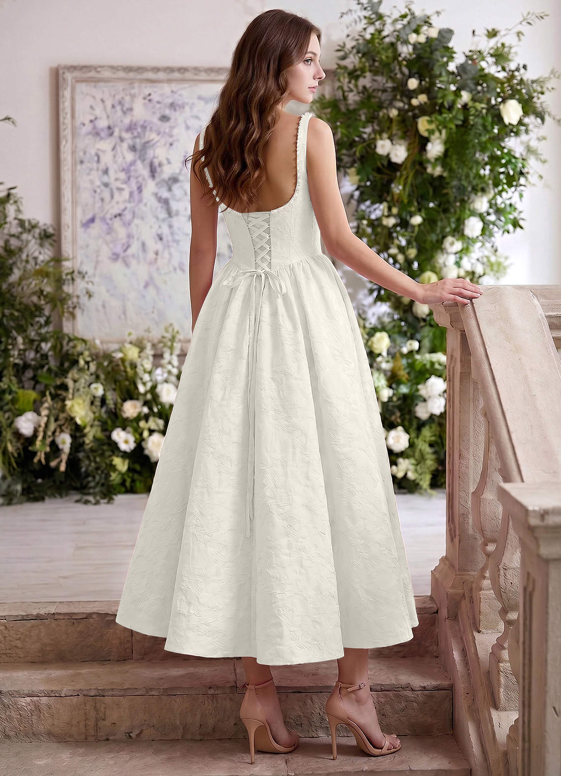 Sephone A-Line Square-Neck Jacquard Prom Dress in Cream