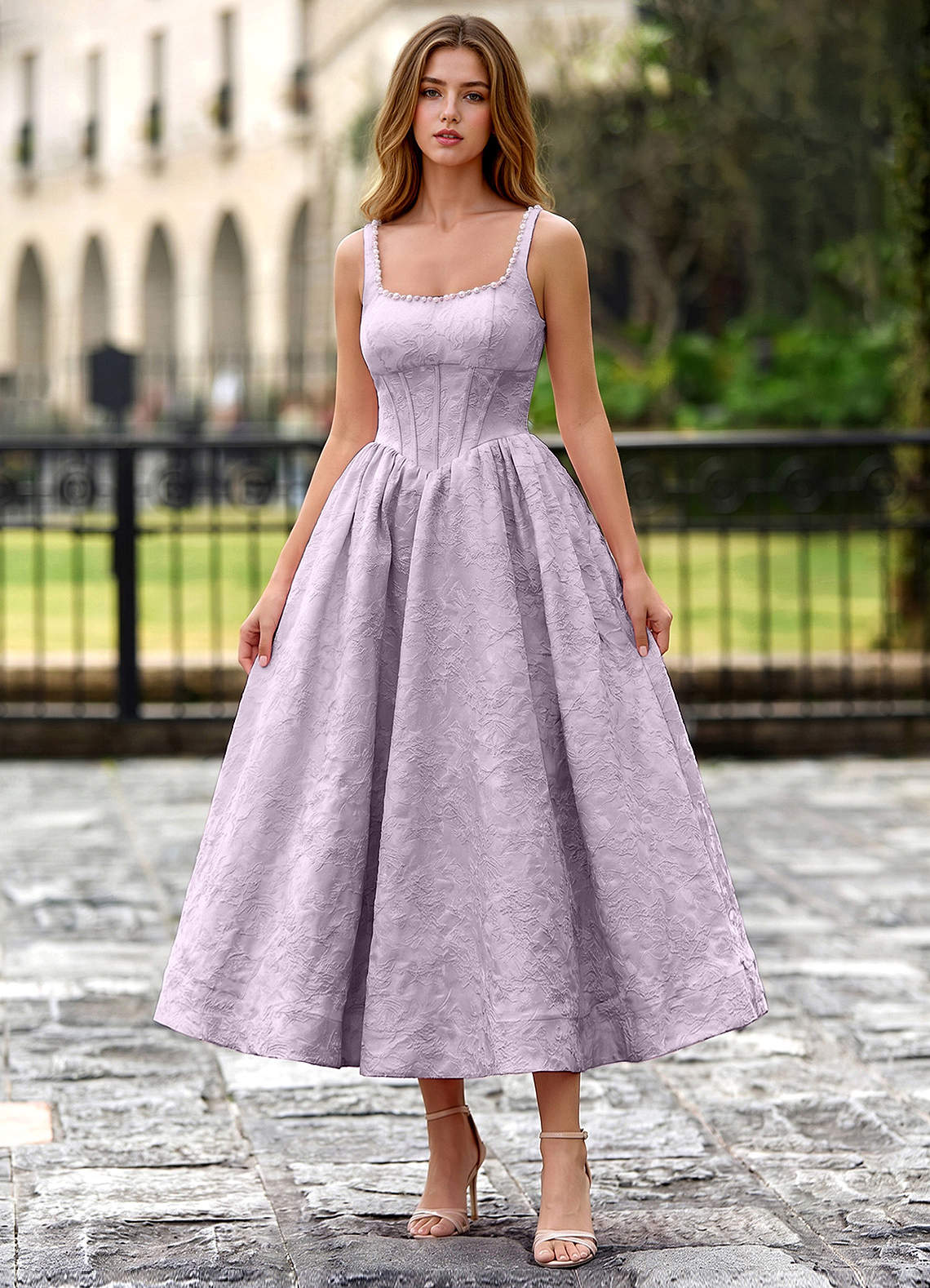 Sephone A-Line Square-Neck Jacquard Prom Dress in Light Purple