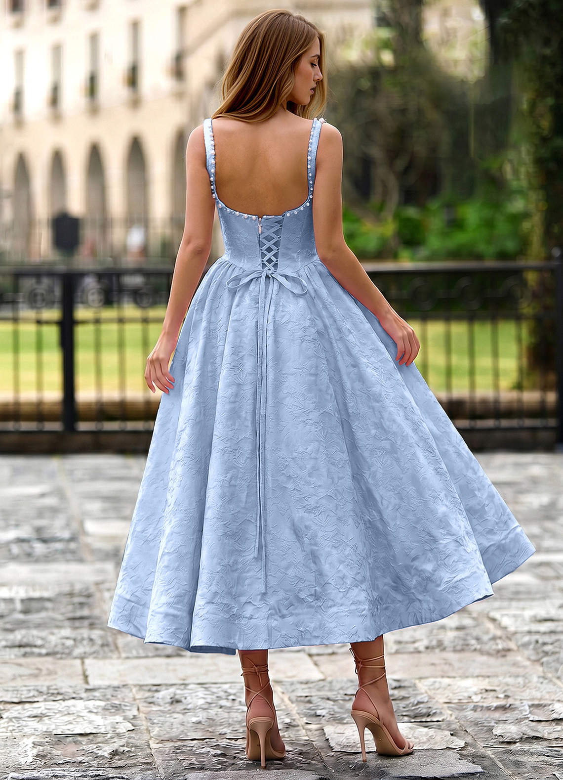 Sephone A-Line Square-Neck Jacquard Prom Dress in Sky Blue