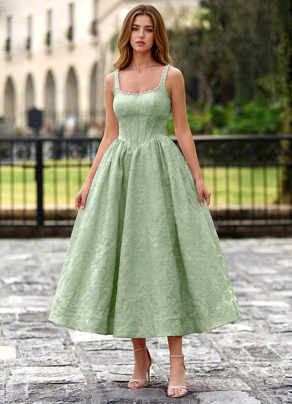 Sephone A-Line Square-Neck Jacquard Prom Dress in Sage