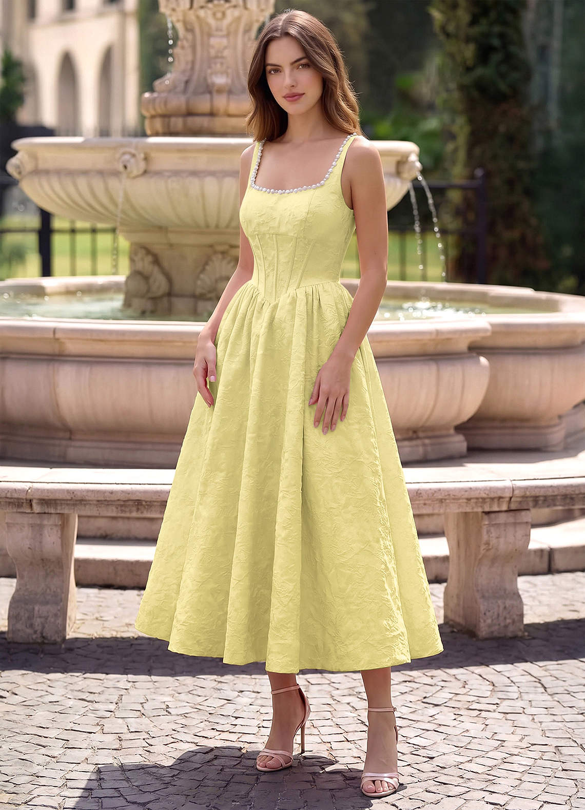 Sephone A-Line Square-Neck Jacquard Prom Dress in Sage