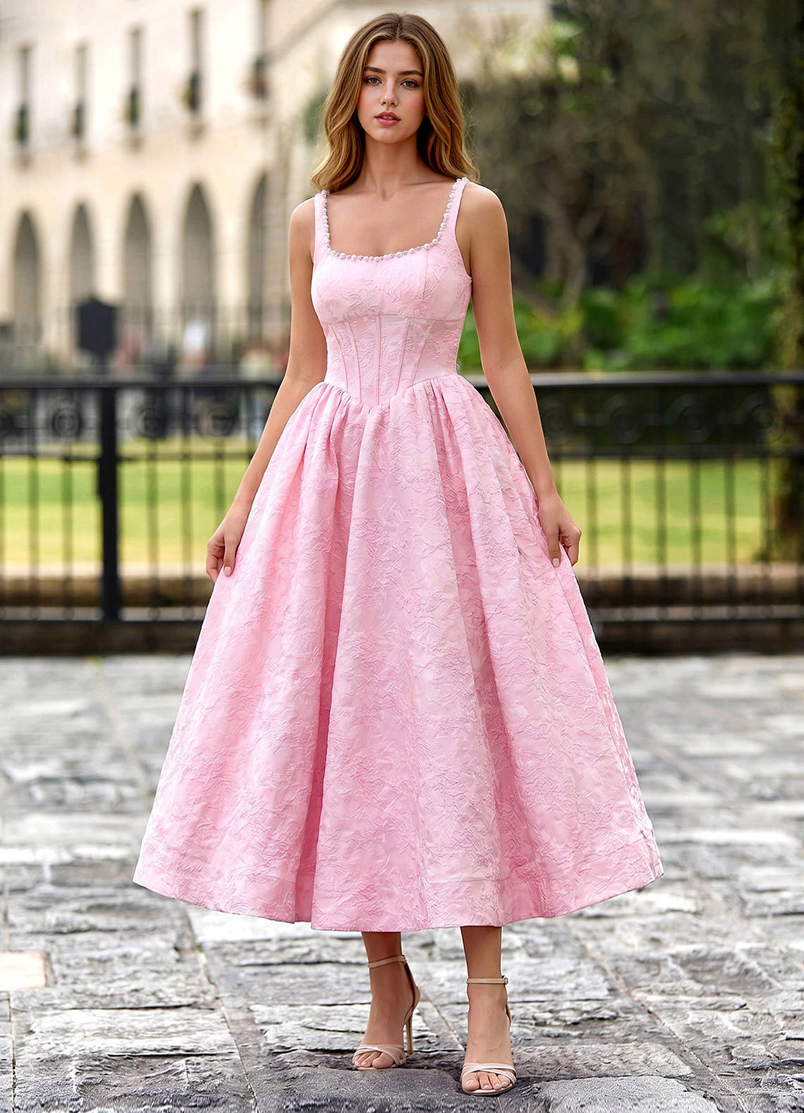 Sephone A-Line Square-Neck Jacquard Prom Dress in Pink