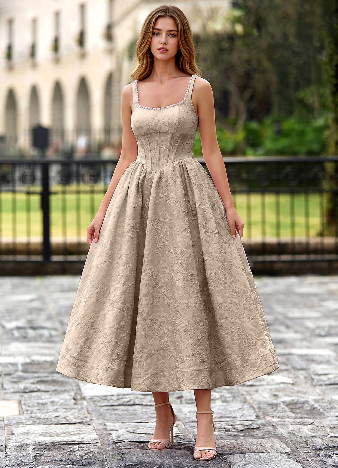 Sephone A-Line Square-Neck Jacquard Prom Dress in Light Apricot