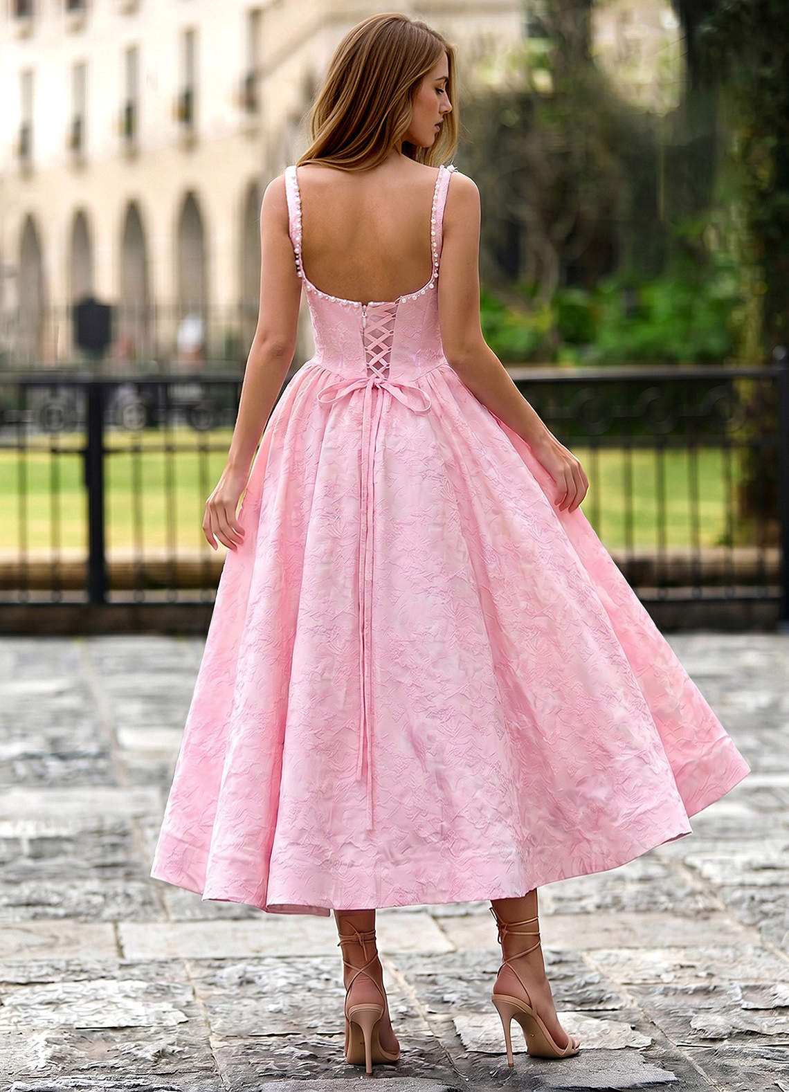 Sephone A-Line Square-Neck Jacquard Prom Dress in Pink