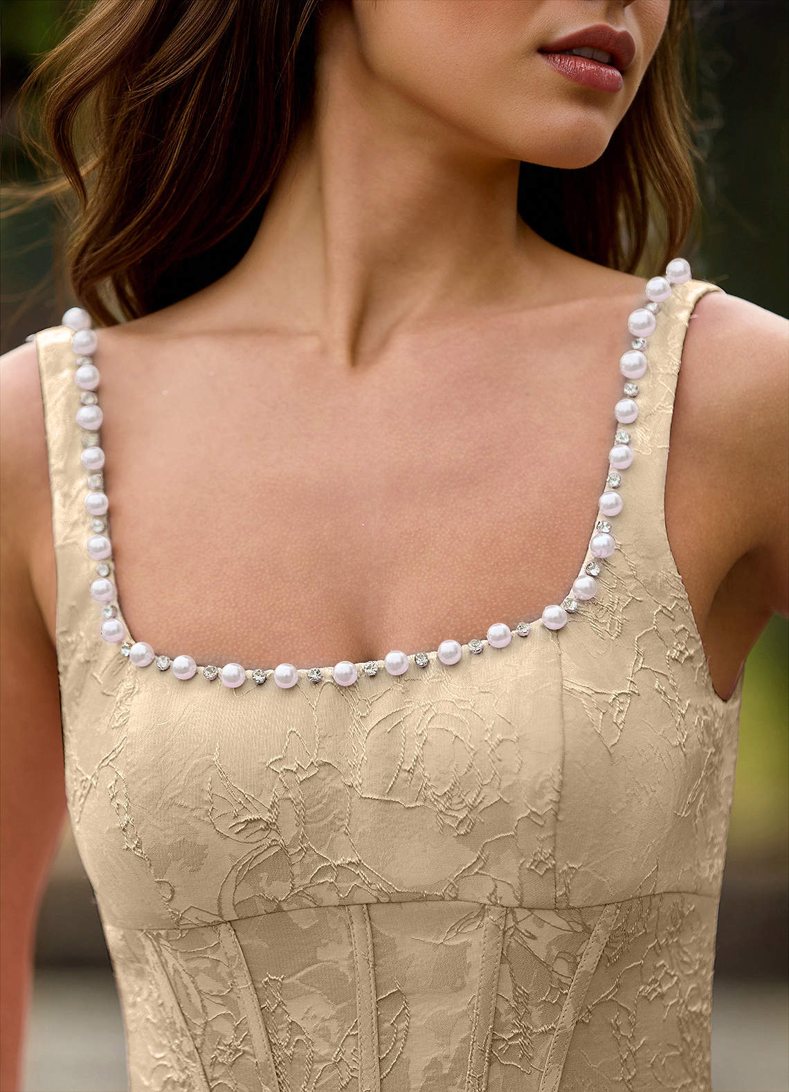 Sephone A-Line Square-Neck Jacquard Prom Dress in Champagne