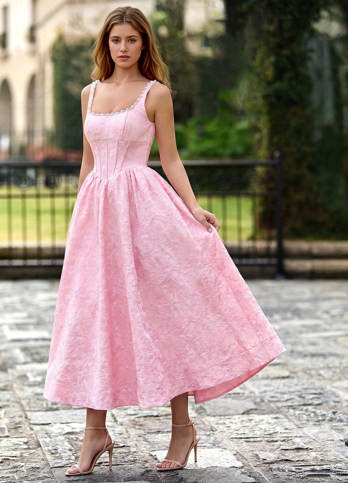 Sephone A-Line Square-Neck Jacquard Prom Dress in Pink